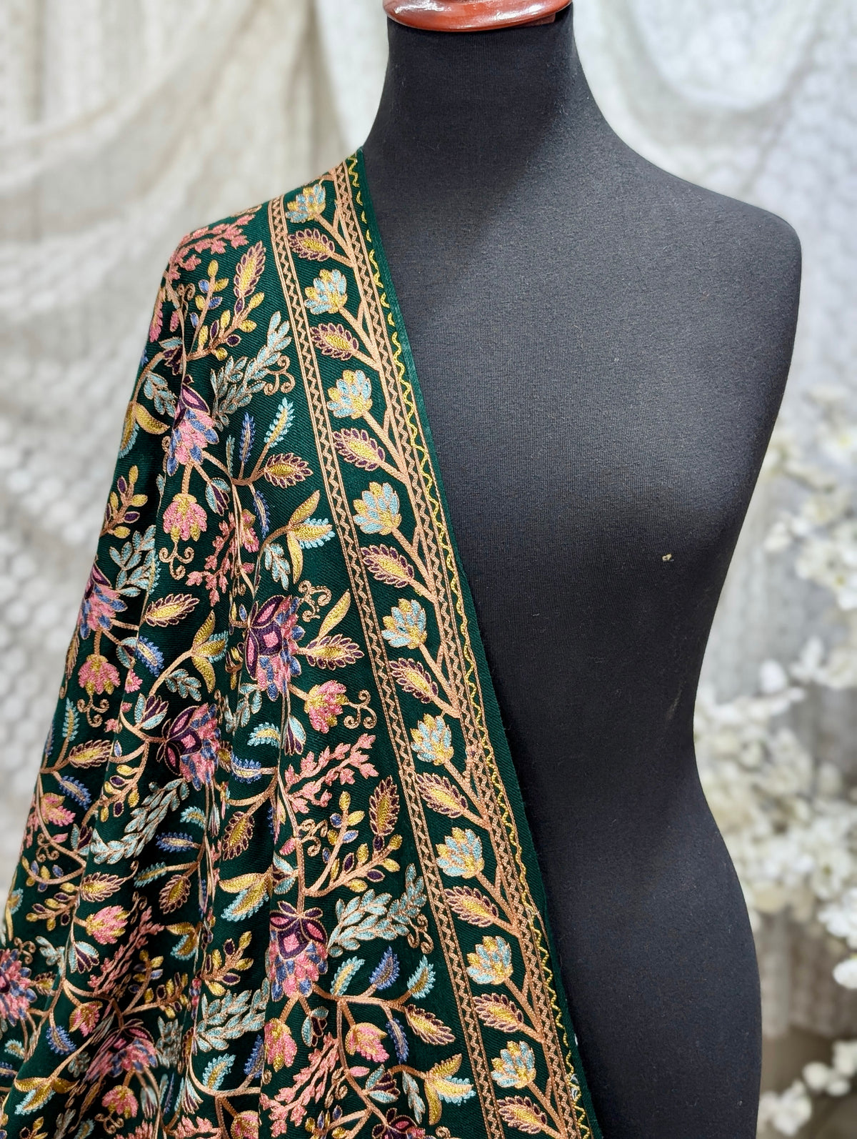 Kashmiri Jaal Shawl | Full Embroidered Shawl Resham Work Aar Embroidery | Green
