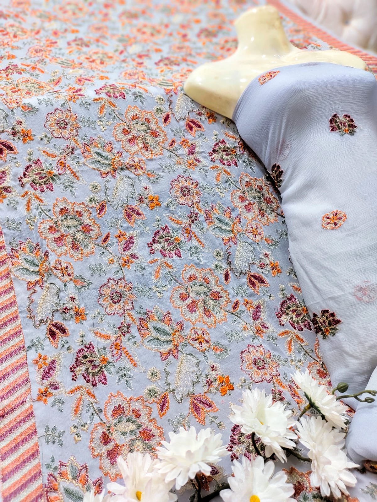 2 Piece Chiffon Embroidered Suit
