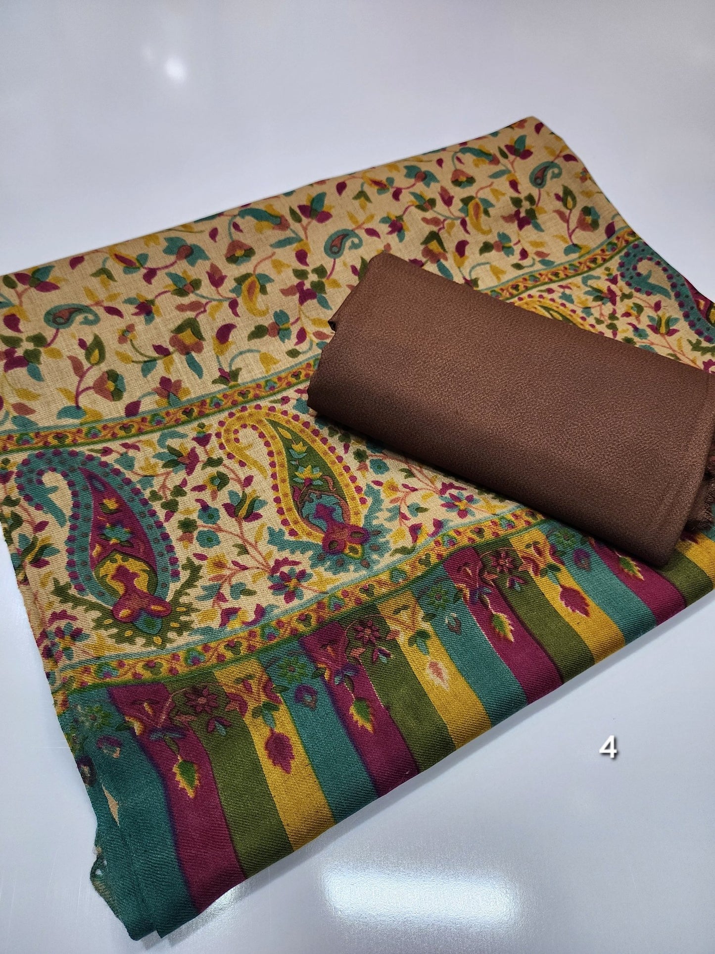 Pashmina 3 Piece Suit | Printed Pashmina Shawl with Marina Plain Suit Perfect Winter Suit
