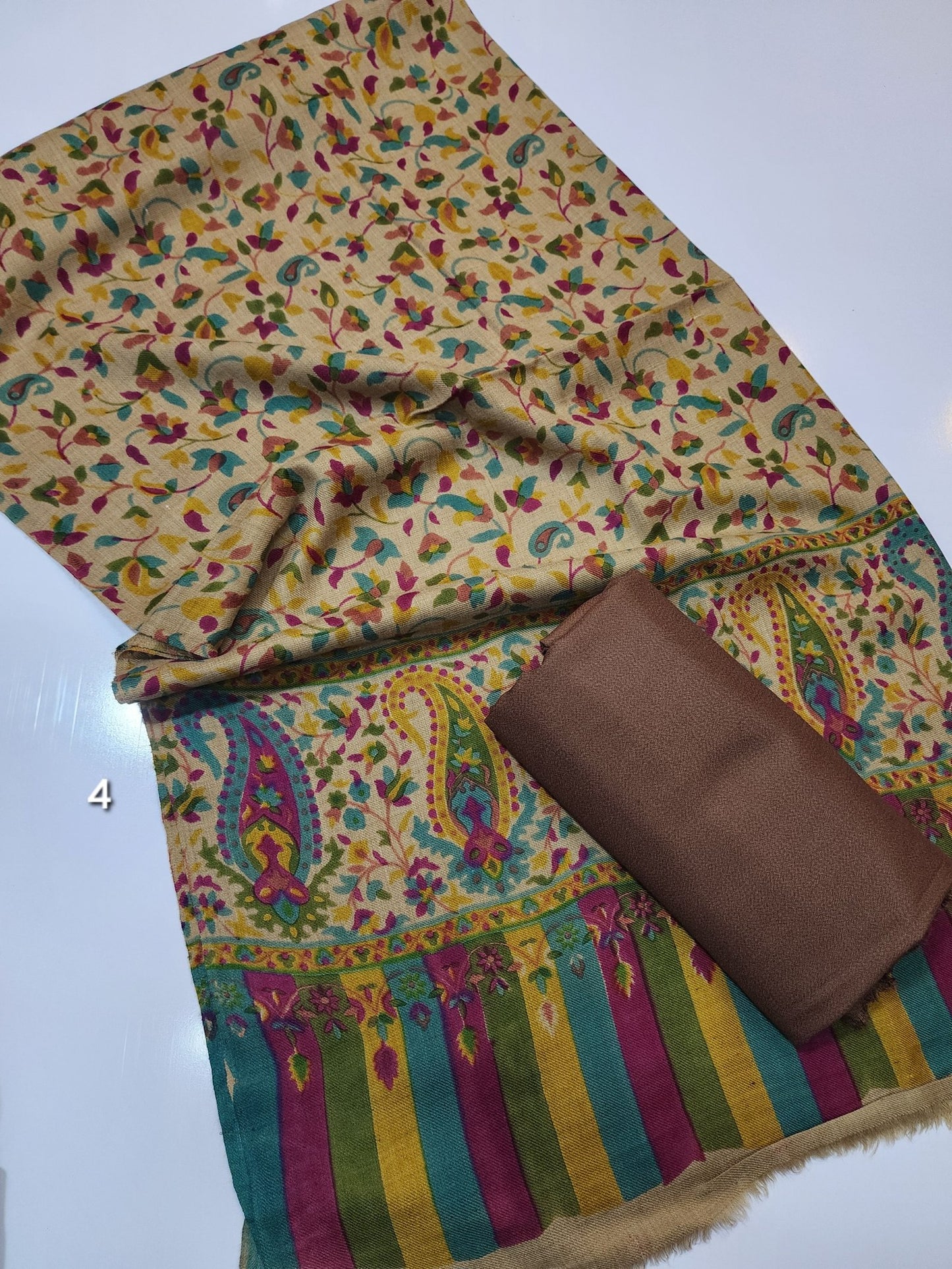 Pashmina 3 Piece Suit | Printed Pashmina Shawl with Marina Plain Suit Perfect Winter Suit