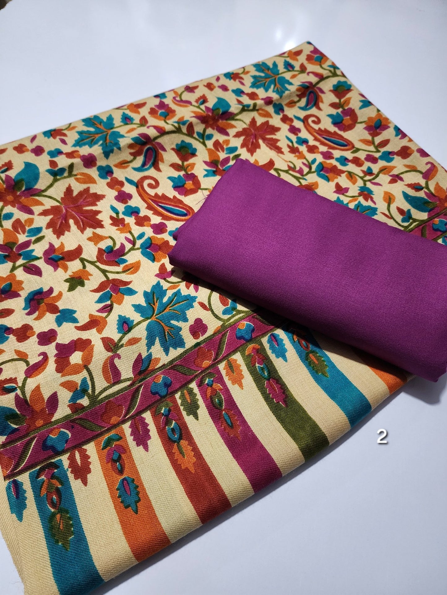 Pashmina 3 Piece Suit | Printed Pashmina Shawl with Marina Plain Suit Perfect Winter Suit