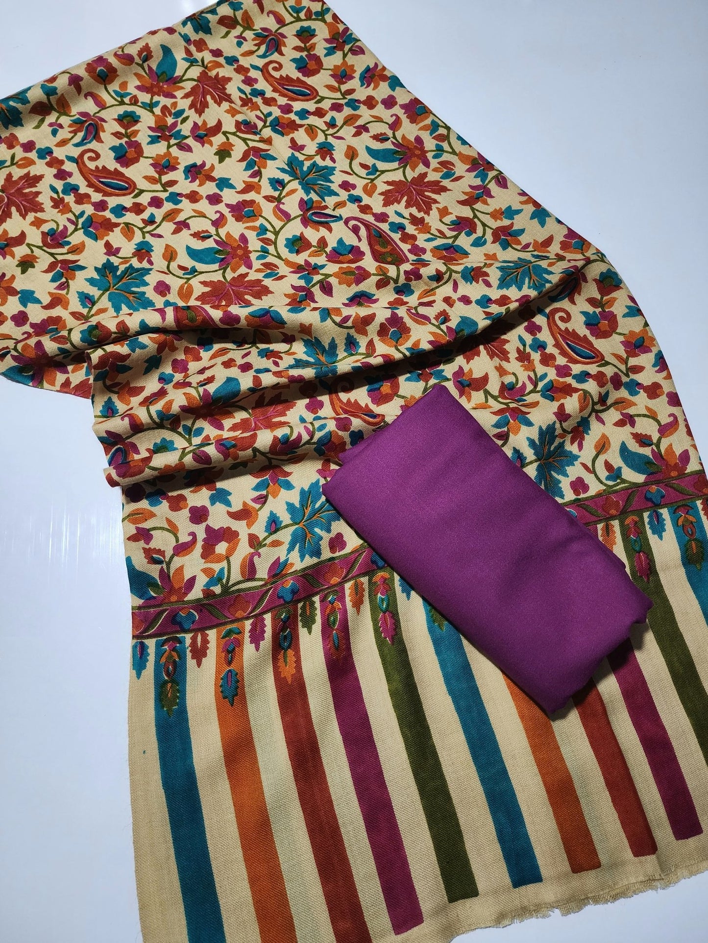 Pashmina 3 Piece Suit | Printed Pashmina Shawl with Marina Plain Suit Perfect Winter Suit