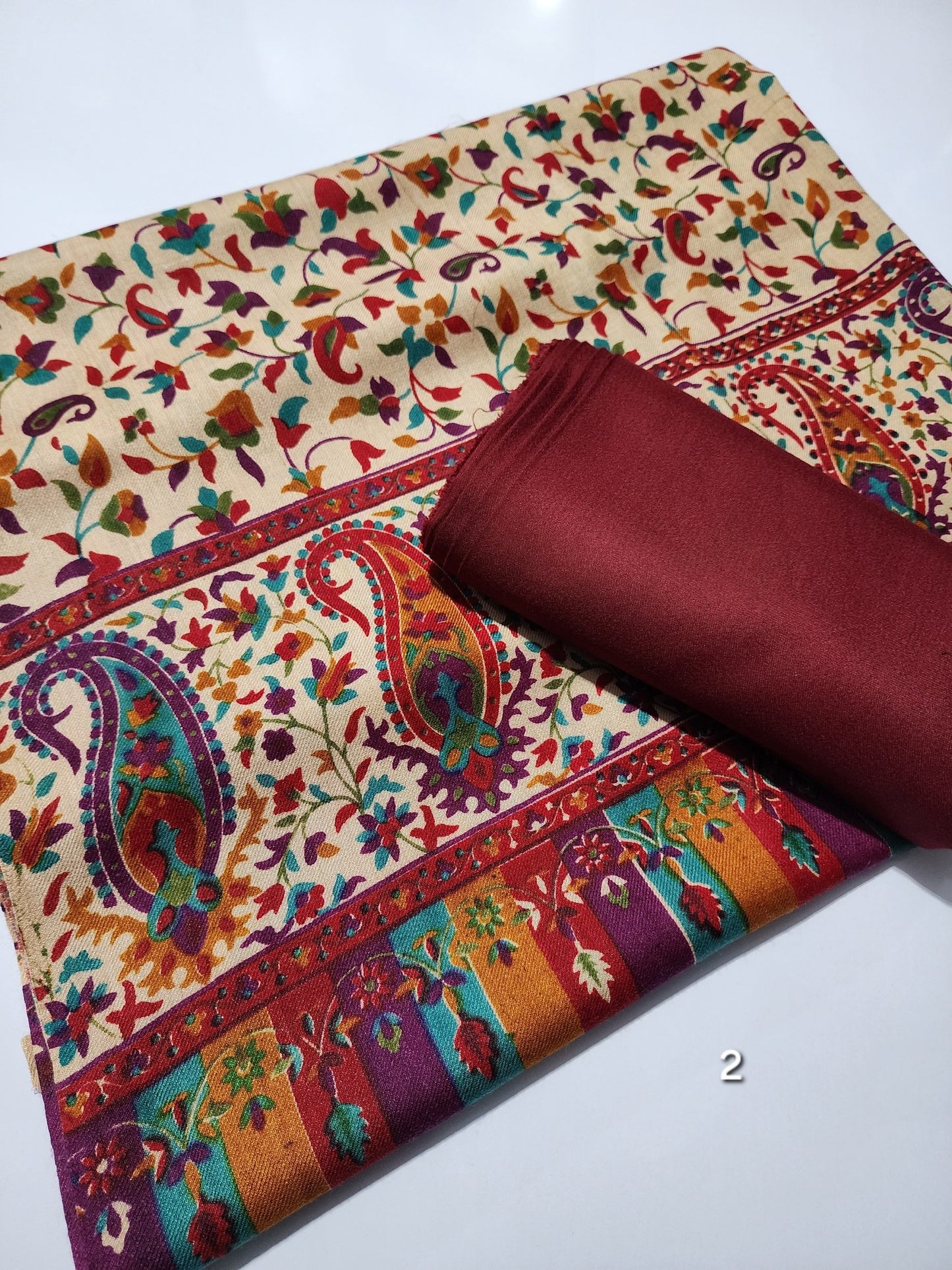 Pashmina 3 Piece Suit | Printed Pashmina Shawl with Marina Plain Suit Perfect Winter Suit