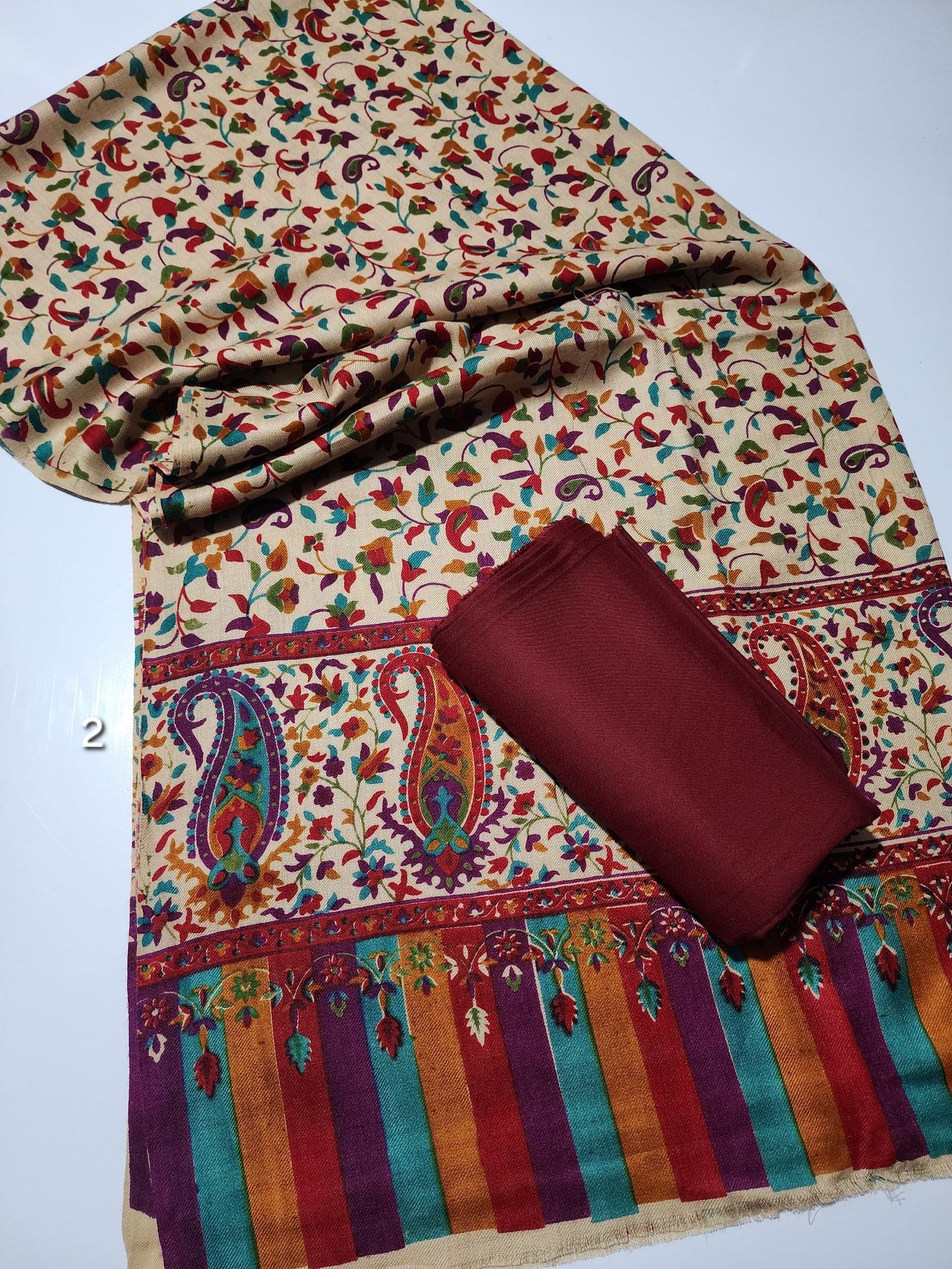 Pashmina 3 Piece Suit | Printed Pashmina Shawl with Marina Plain Suit Perfect Winter Suit