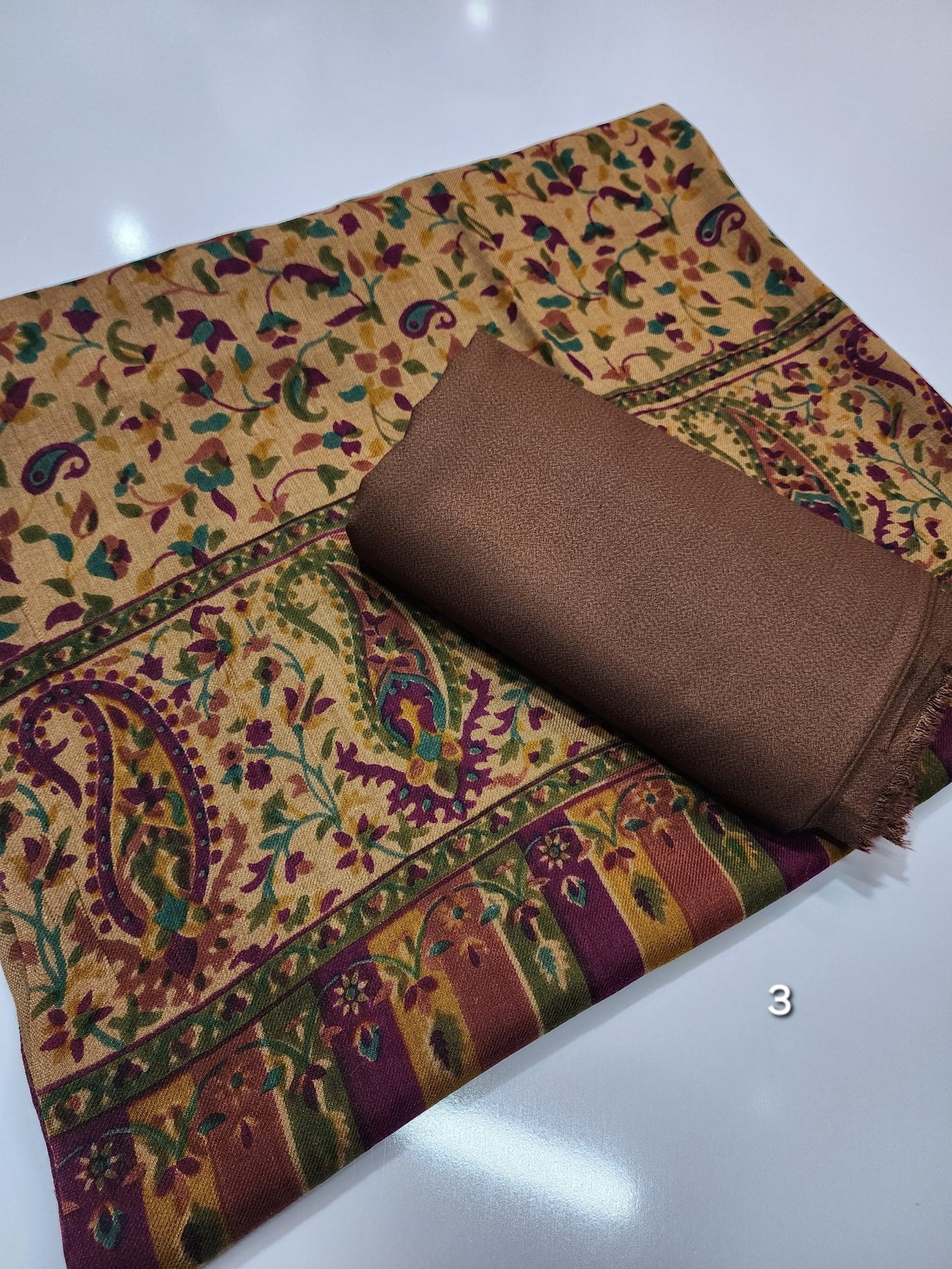 Pashmina 3 Piece Suit | Printed Pashmina Shawl with Marina Plain Suit Perfect Winter Suit