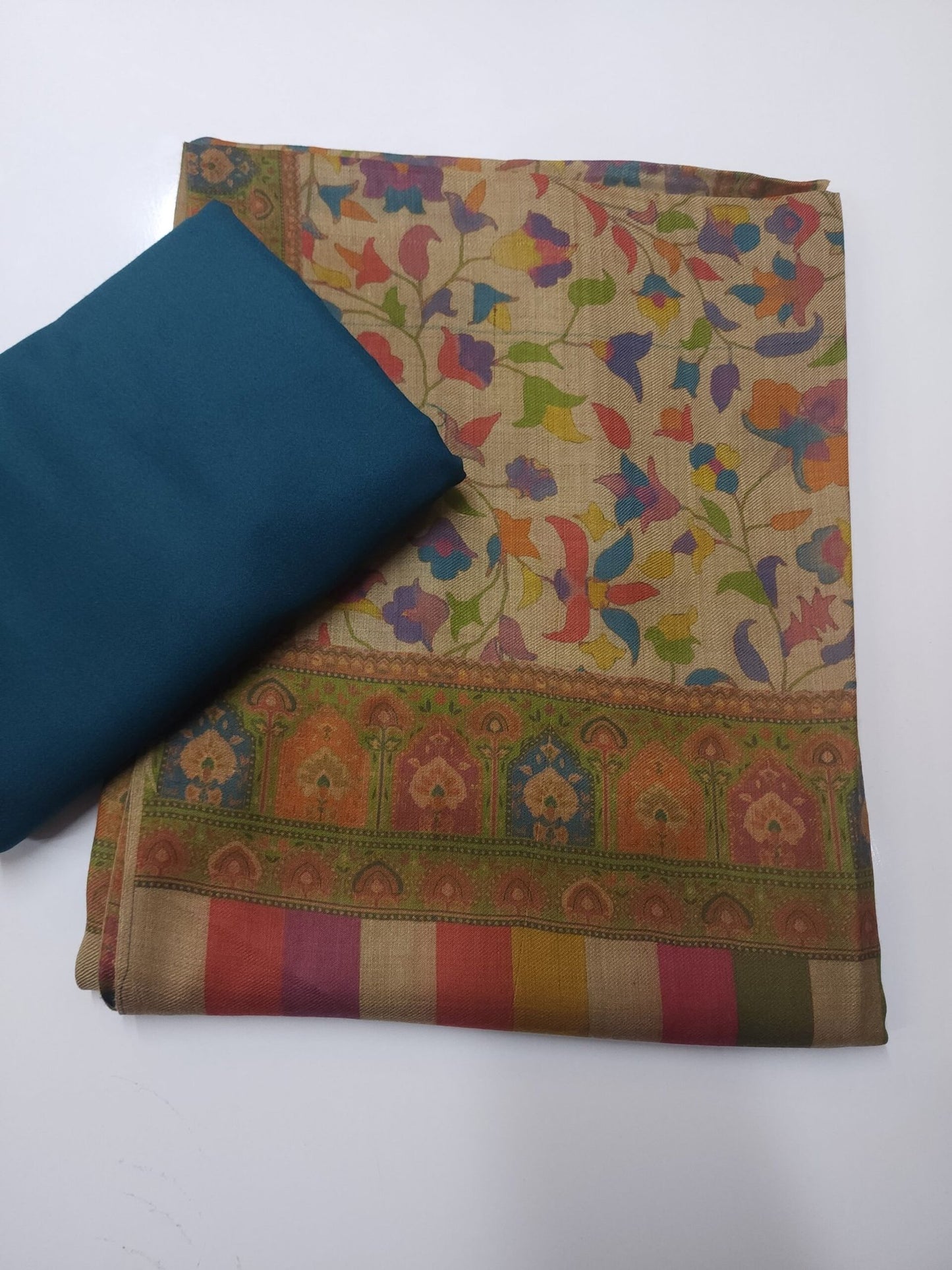 Pashmina 3 Piece Suit | Printed Pashmina Shawl with Marina Plain Suit Perfect Winter Suit