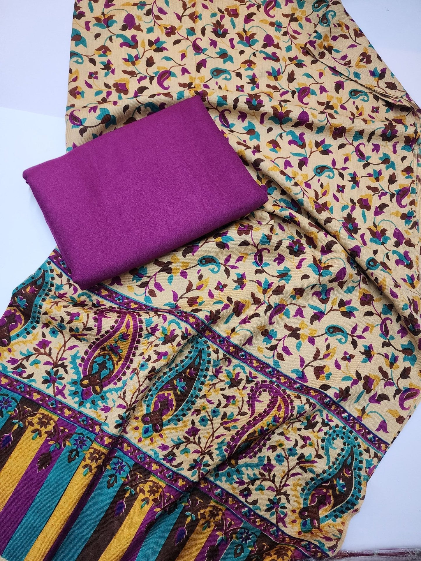 Pashmina 3 Piece Suit | Printed Pashmina Shawl with Marina Plain Suit Perfect Winter Suit