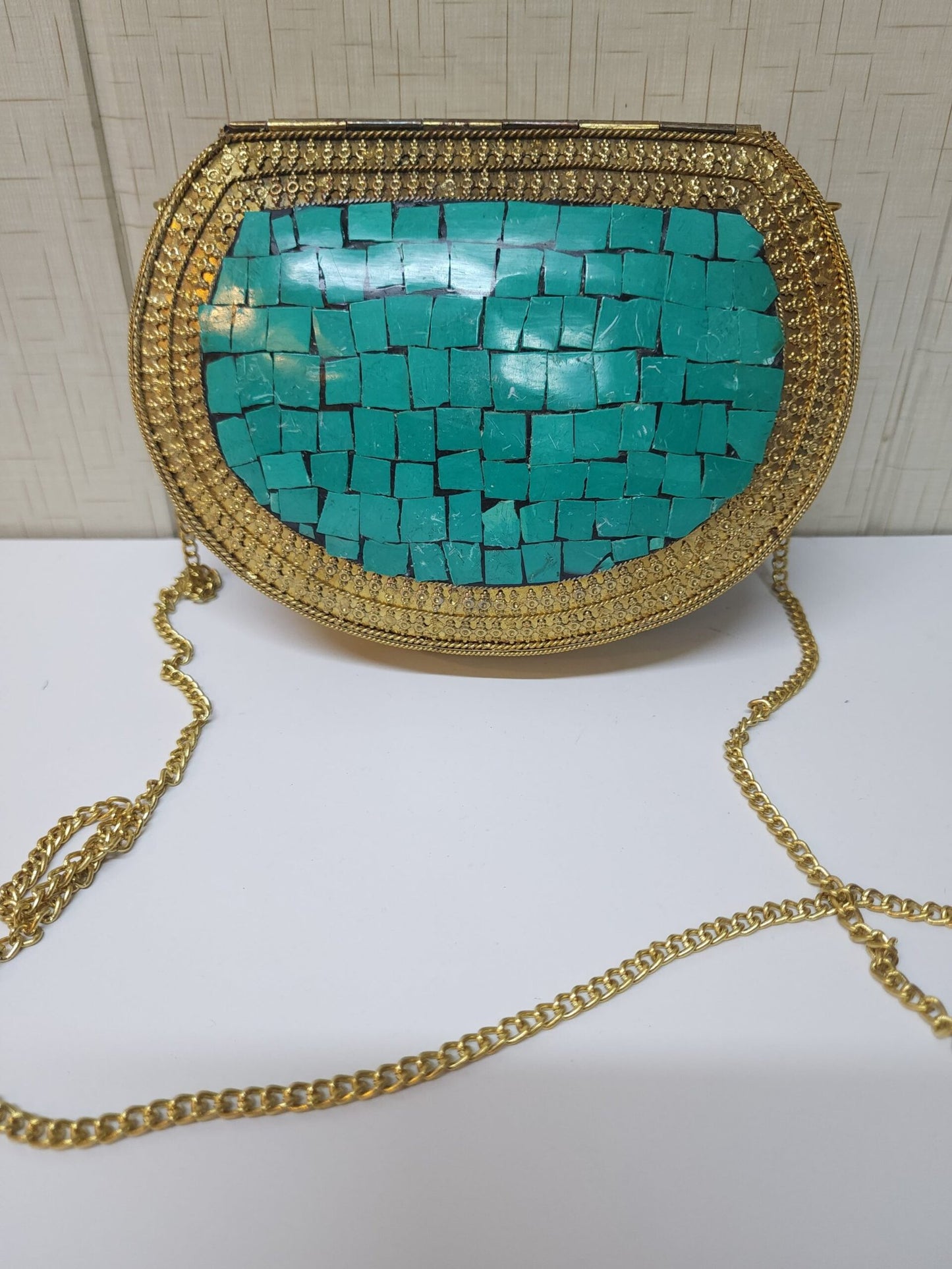 Metal Clutch Large Handmade Stonework Antique Details Perfect Gift | Sea Green