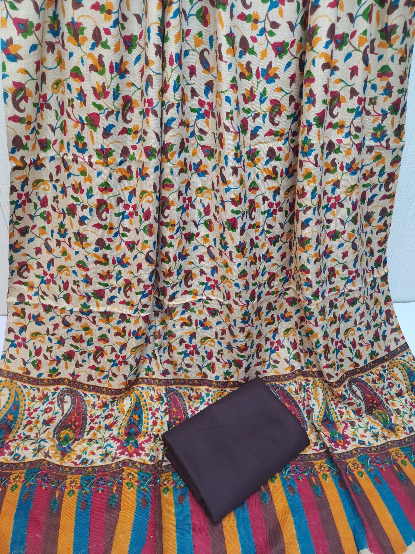Pashmina 3 Piece Suit | Printed Pashmina Shawl with Marina Plain Suit Perfect Winter Suit | Choc Brown