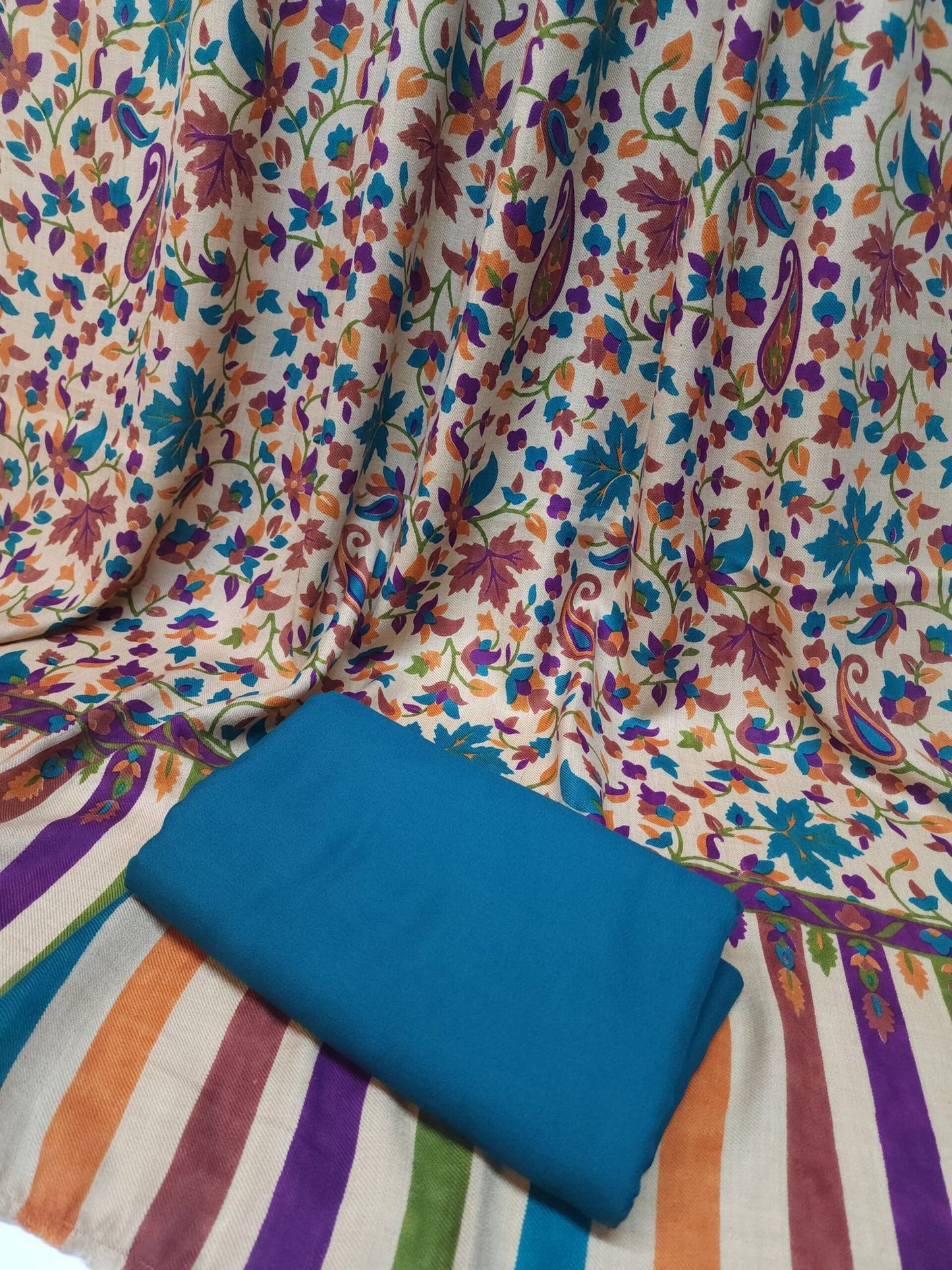 Pashmina 3 Piece Suit | Printed Pashmina Shawl with Marina Plain Suit Perfect Winter Suit | Dark Sea Green