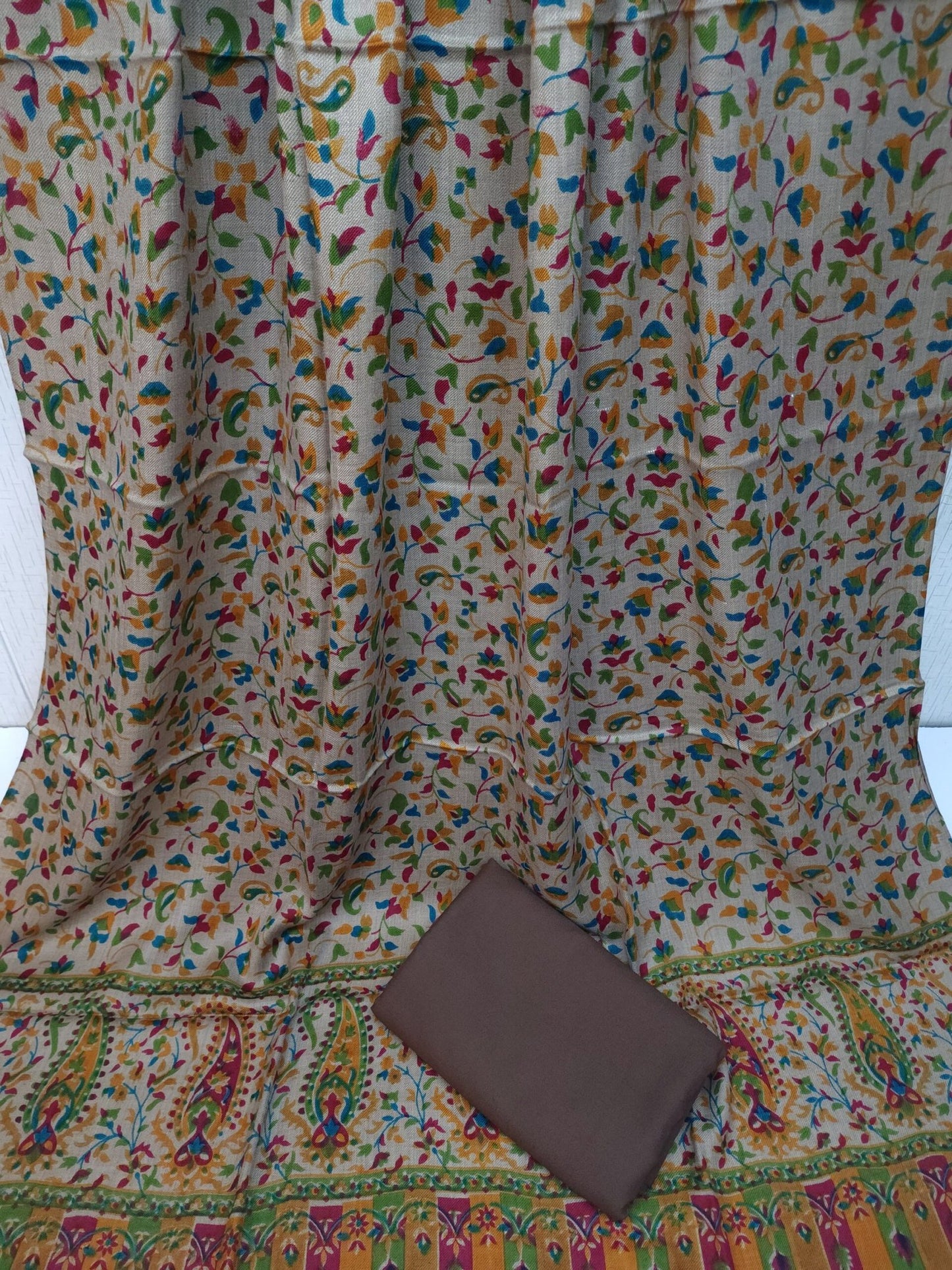 Pashmina 3 Piece Suit | Printed Pashmina Shawl with Marina Plain Suit Perfect Winter Suit | Brown