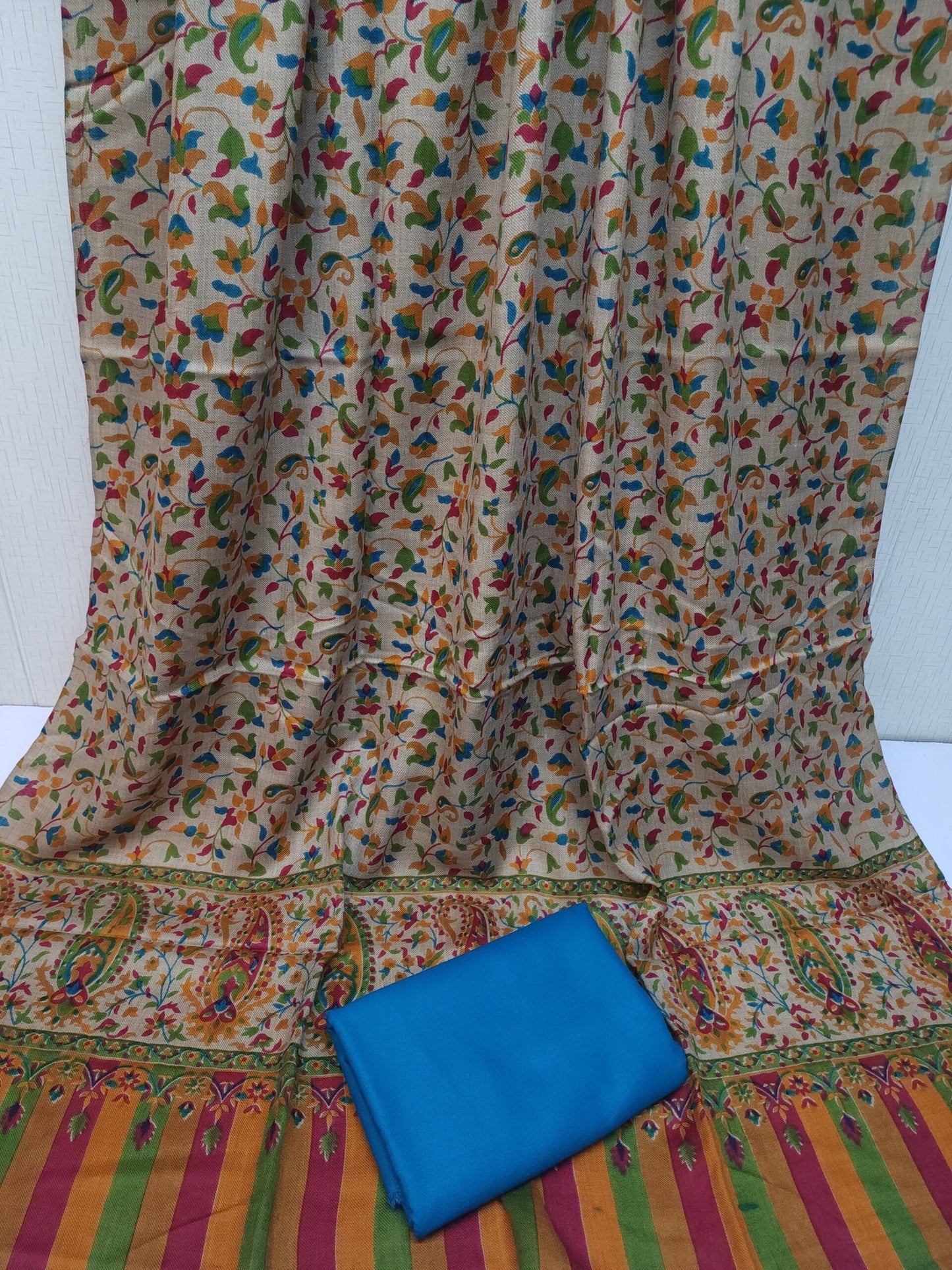 Pashmina 3 Piece Suit | Printed Pashmina Shawl with Marina Plain Suit Perfect Winter Suit | Ferozi