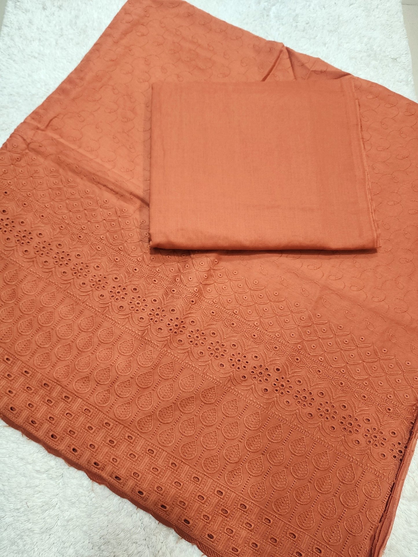 Chikankari Lawn 2 Piece Suit Daman Bore Long Length Suit | Rust