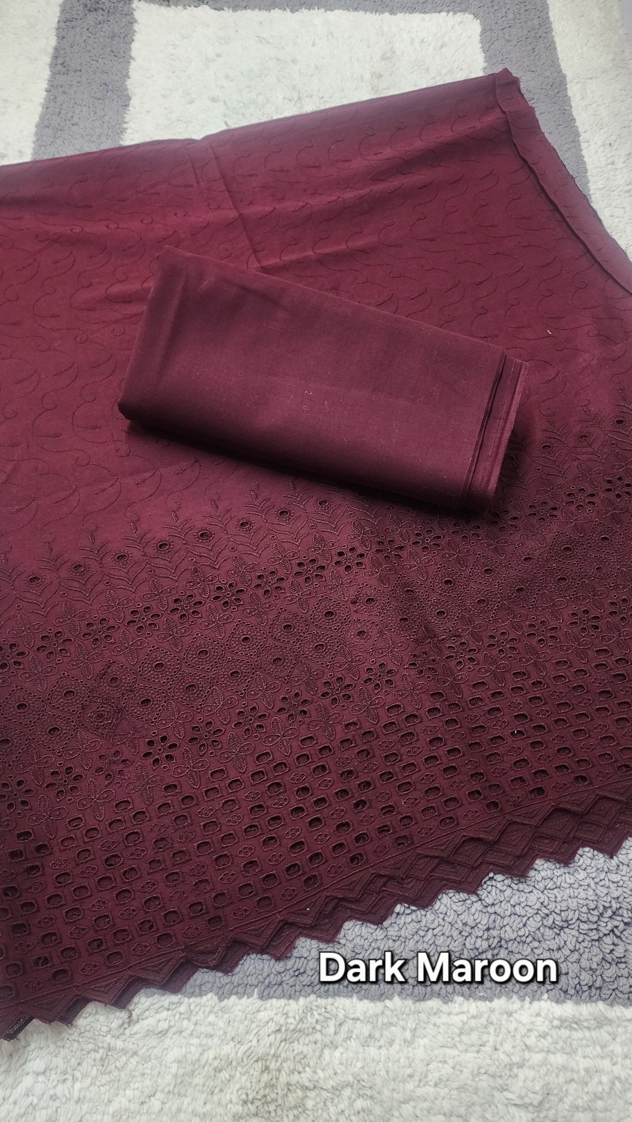 Chikankari Lawn 2 Piece Suit Daman Bore Long Length Suit | Dark Maroon