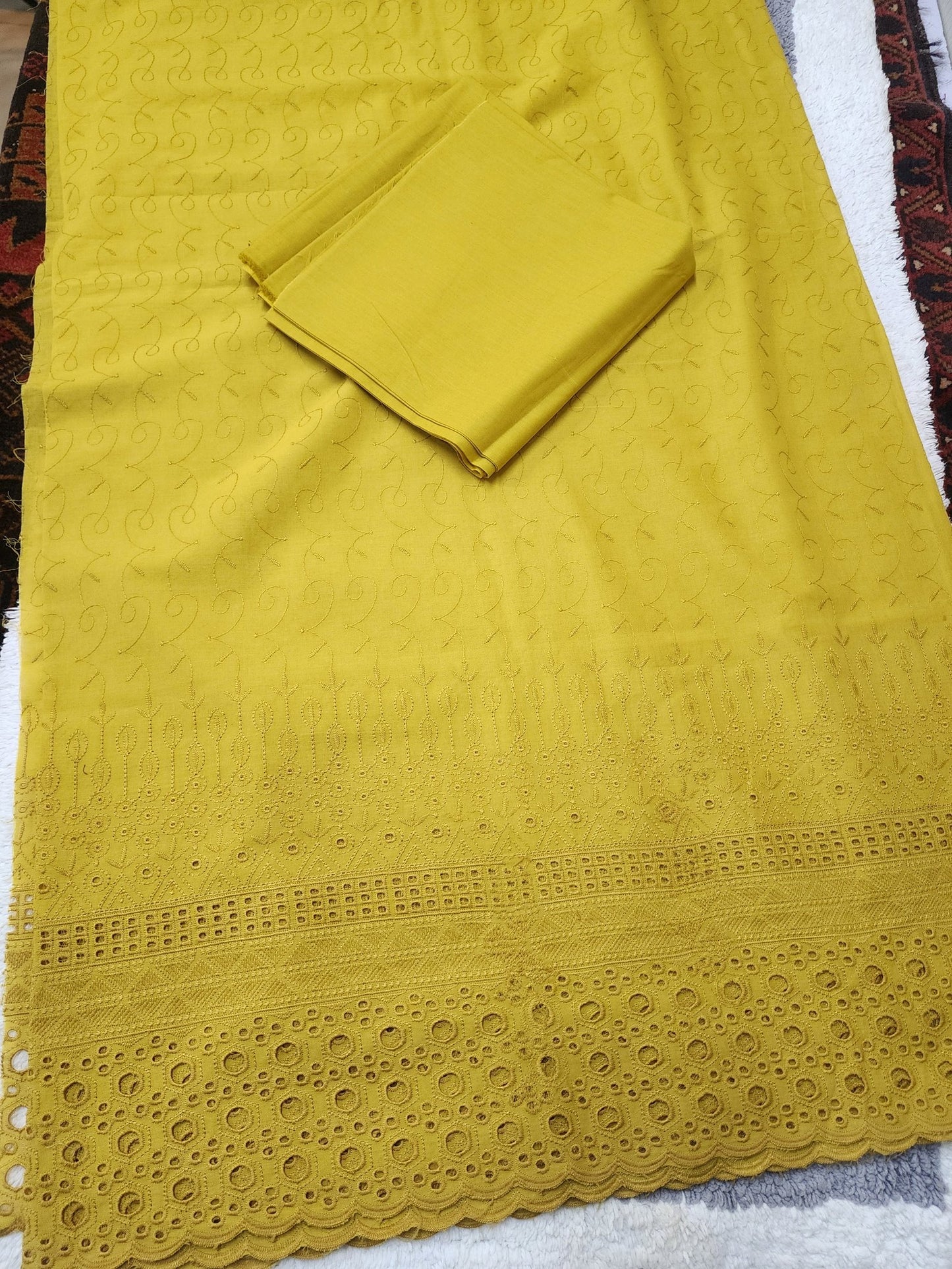 Chikankari Lawn 2 Piece Suit Daman Bore Long Length Suit | Mustard Yellow