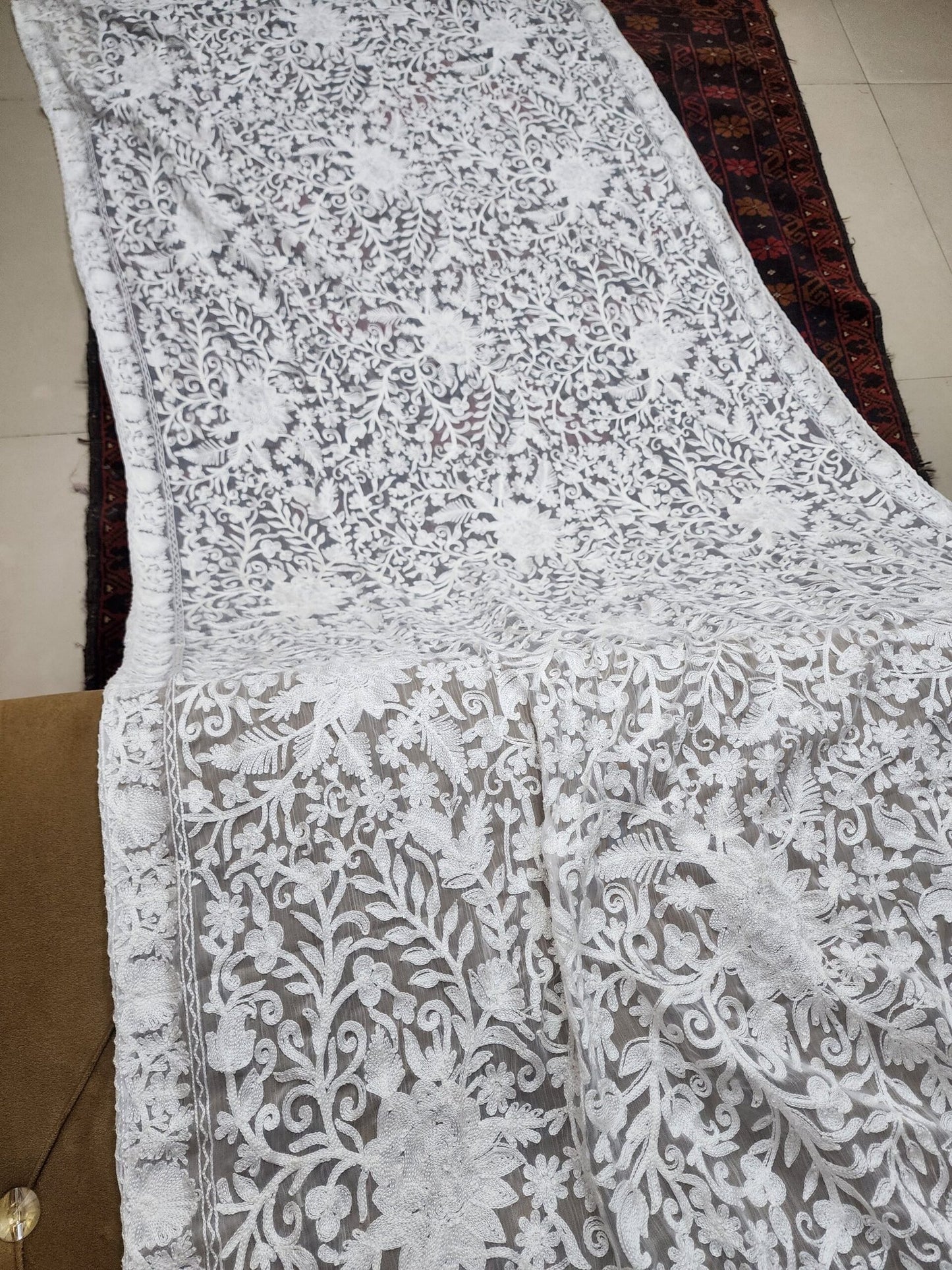 Crinkle Chiffon Gulabkar Embroidered Aar Work Dupatta | White