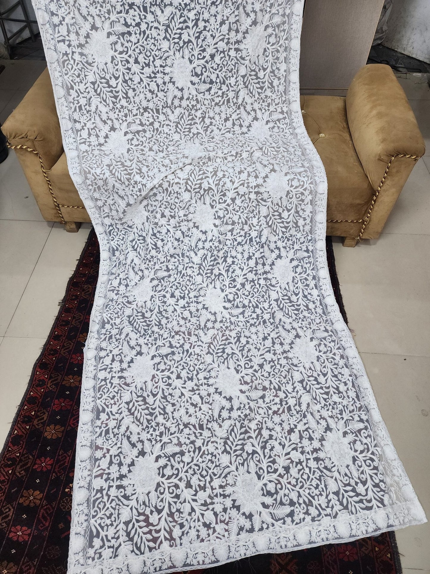 Crinkle Chiffon Gulabkar Embroidered Aar Work Dupatta | White