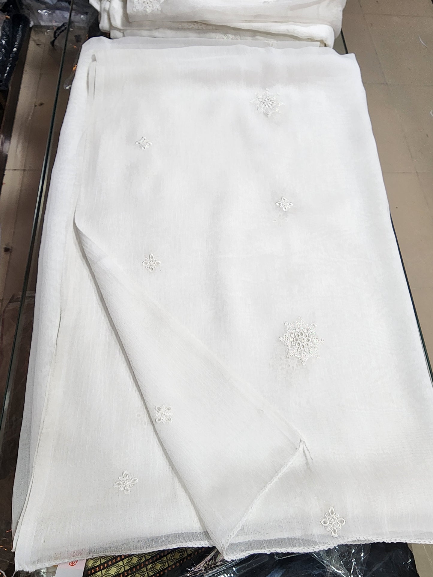White Crinkle Chiffon Bouti Work Dyeable Embroidered Dupatta | CR309
