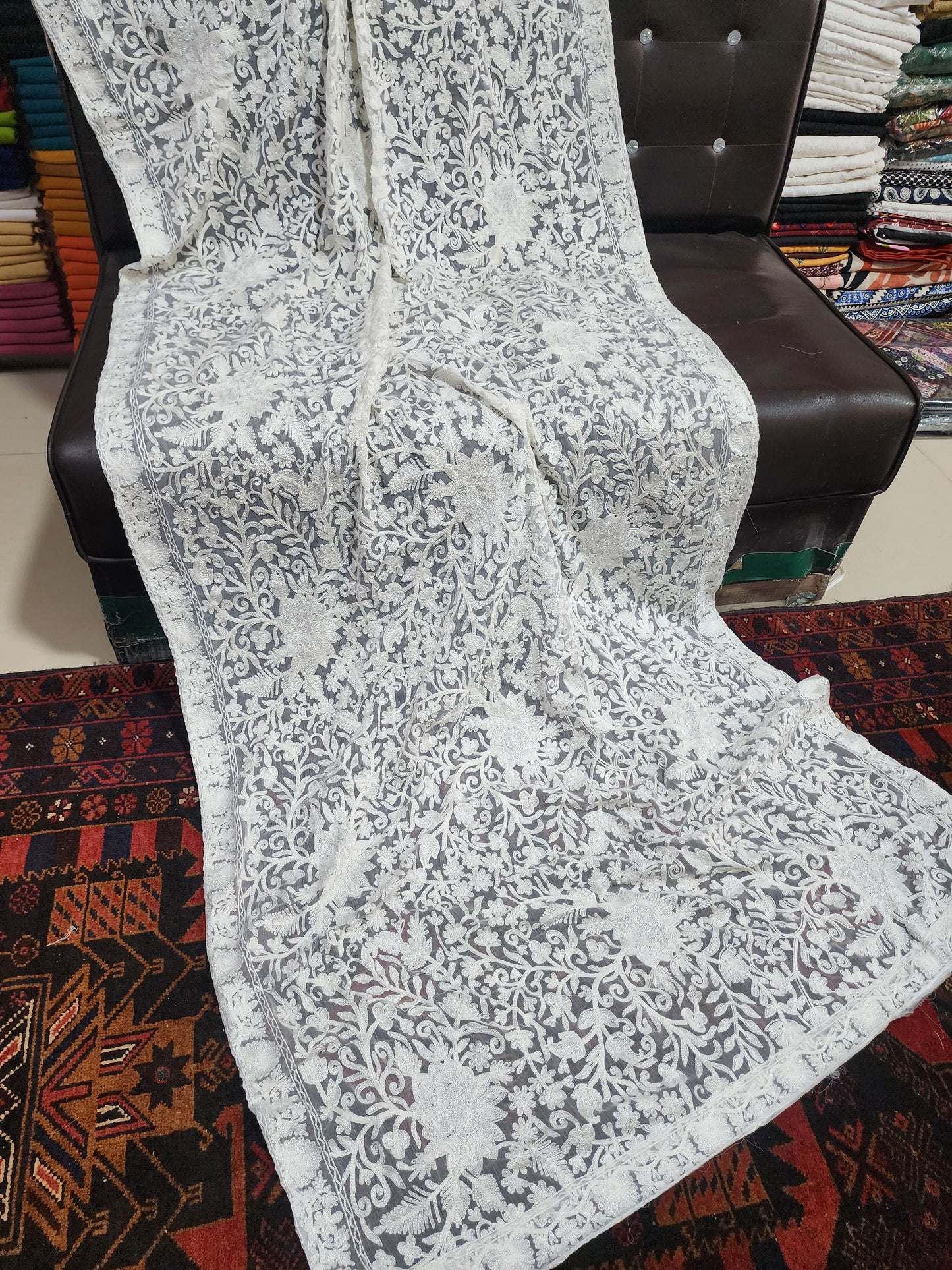Crinkle Chiffon Gulabkar Embroidered Aar Work Dupatta | White