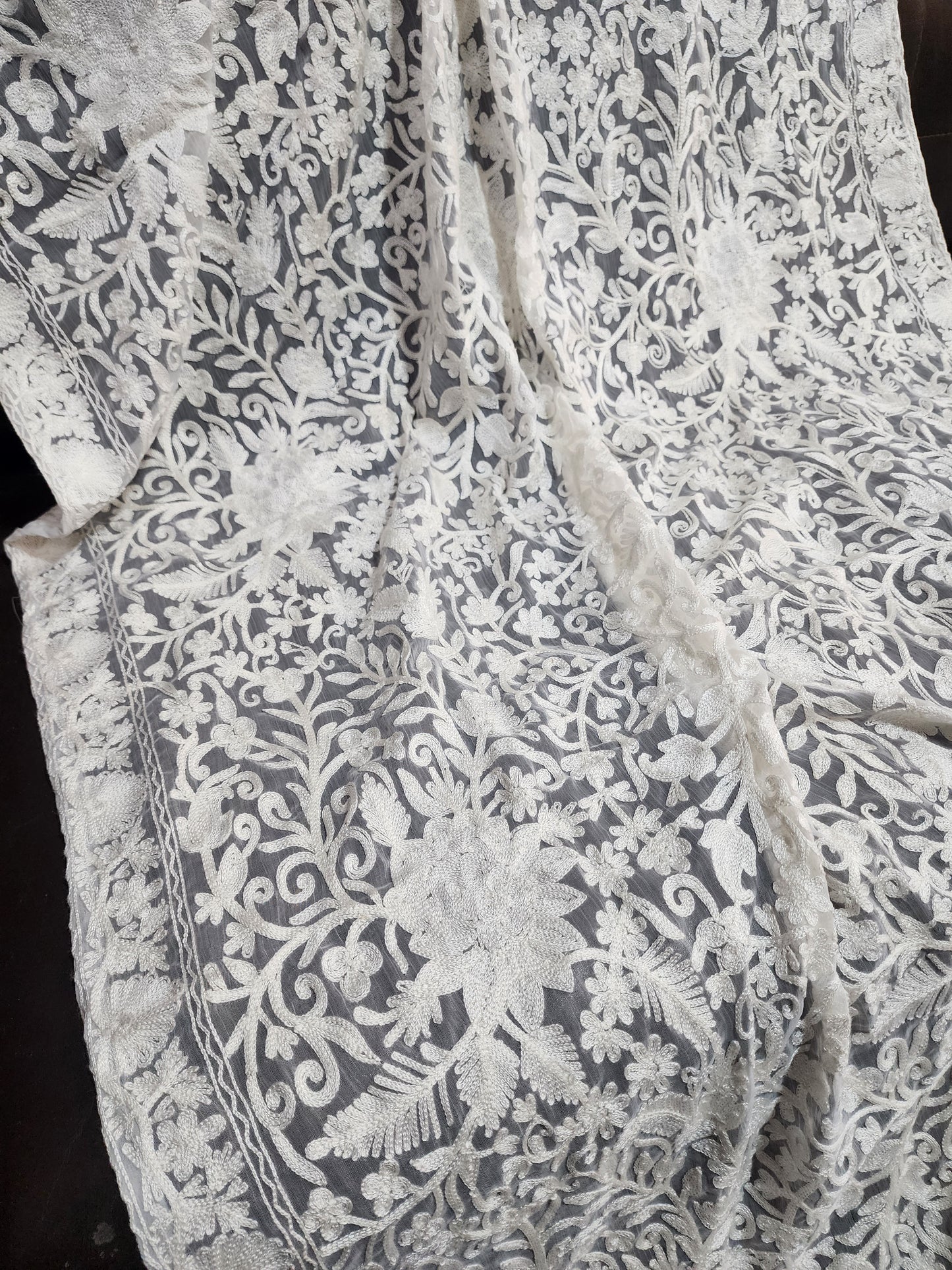 Crinkle Chiffon Gulabkar Embroidered Aar Work Dupatta | White