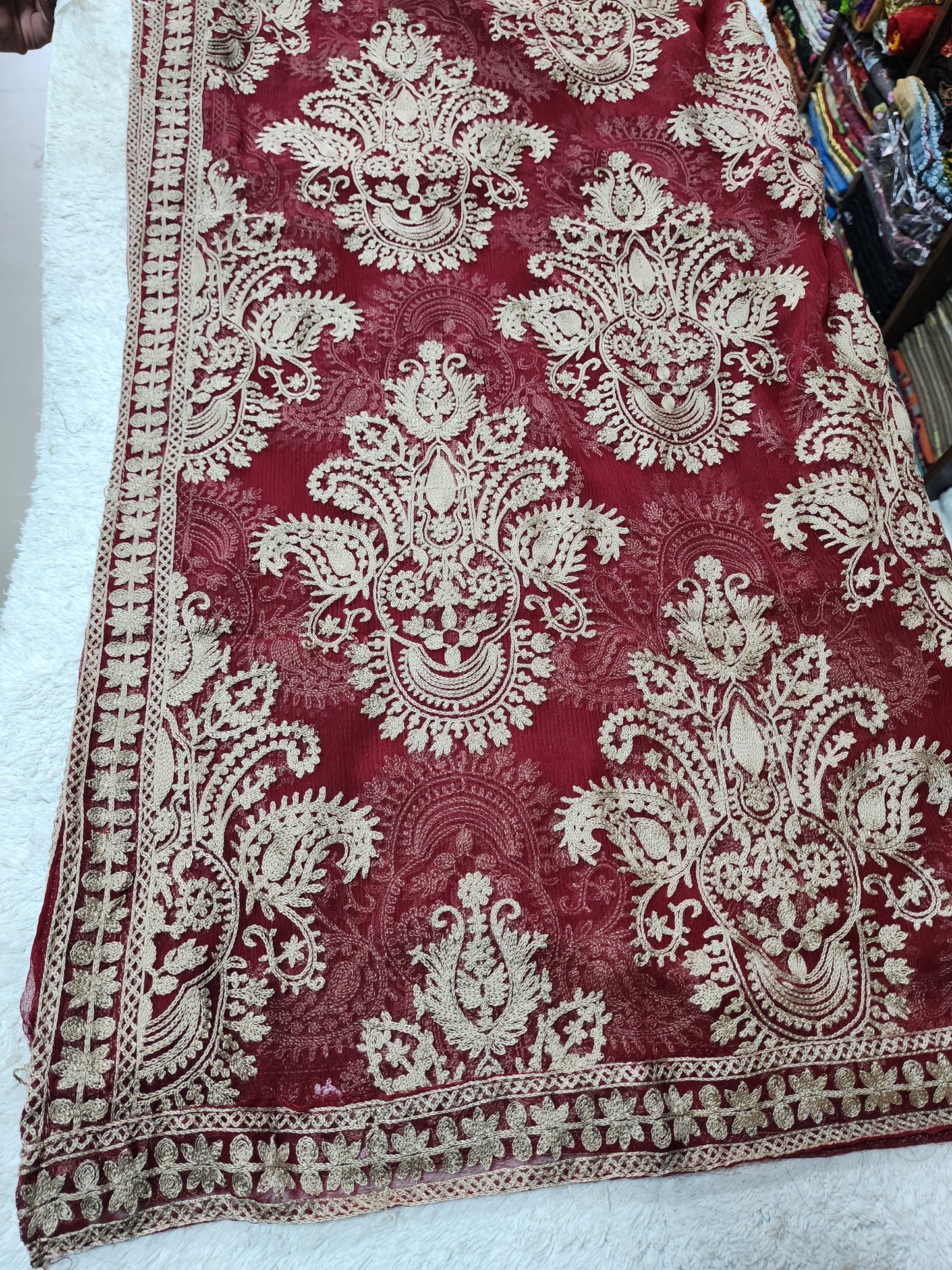 Crinkle Chiffon Embroidered Dupatta | Maroon With Skin