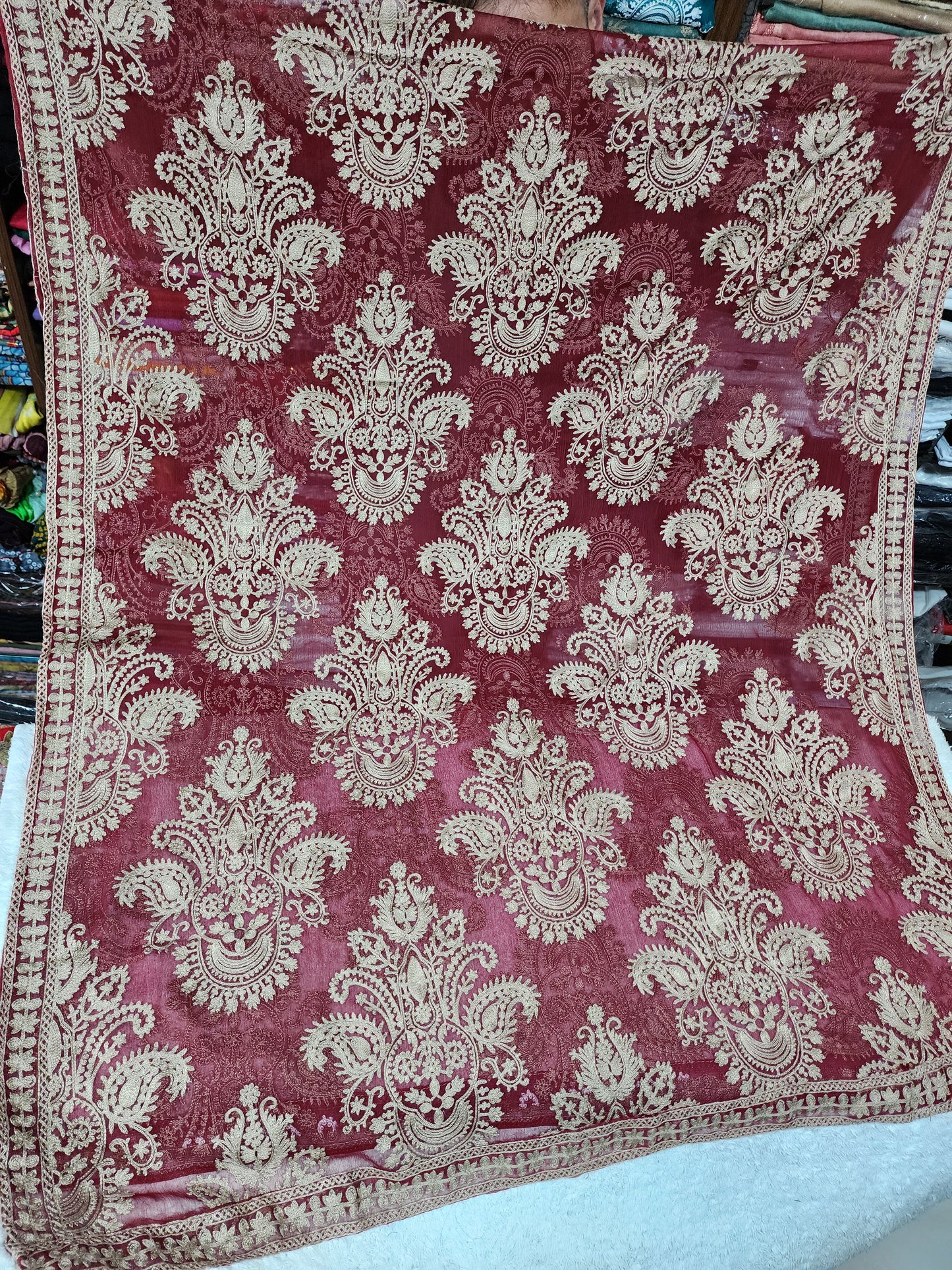 Crinkle Chiffon Embroidered Dupatta | Maroon With Skin