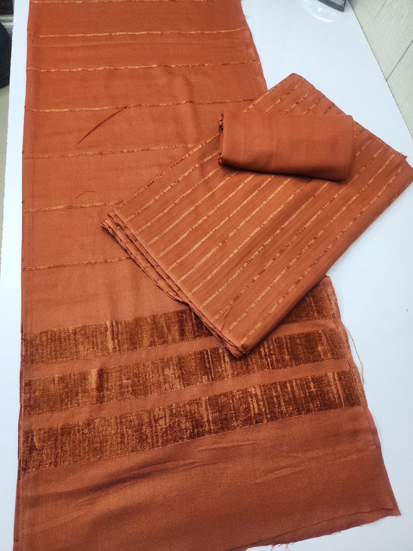 3 Piece Suit | Velvet Lining Marina Suit Allover With Shawl | New Arrival Beautiful Gift | Rust