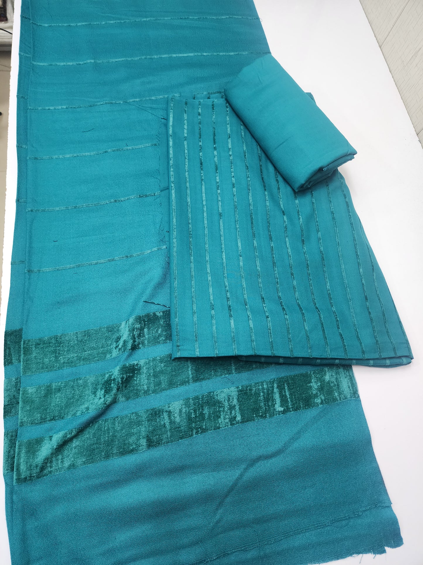 3 Piece Suit | Velvet Lining Marina Suit Allover With Shawl | New Arrival Beautiful Gift | Sea Green
