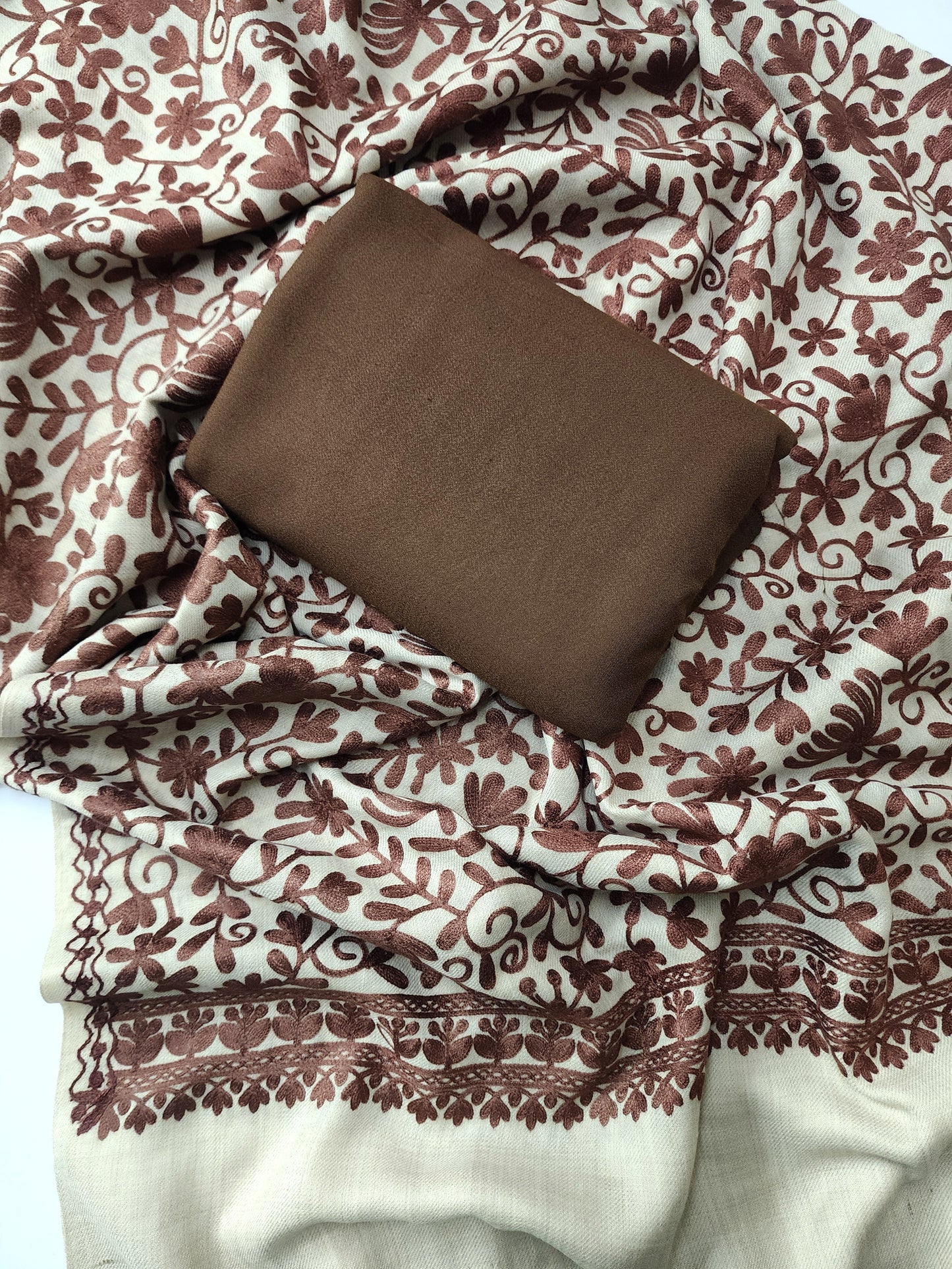 Pashmina 3 Piece Suit | Embroidered Shawl with Plain Suit Marina | Brown
