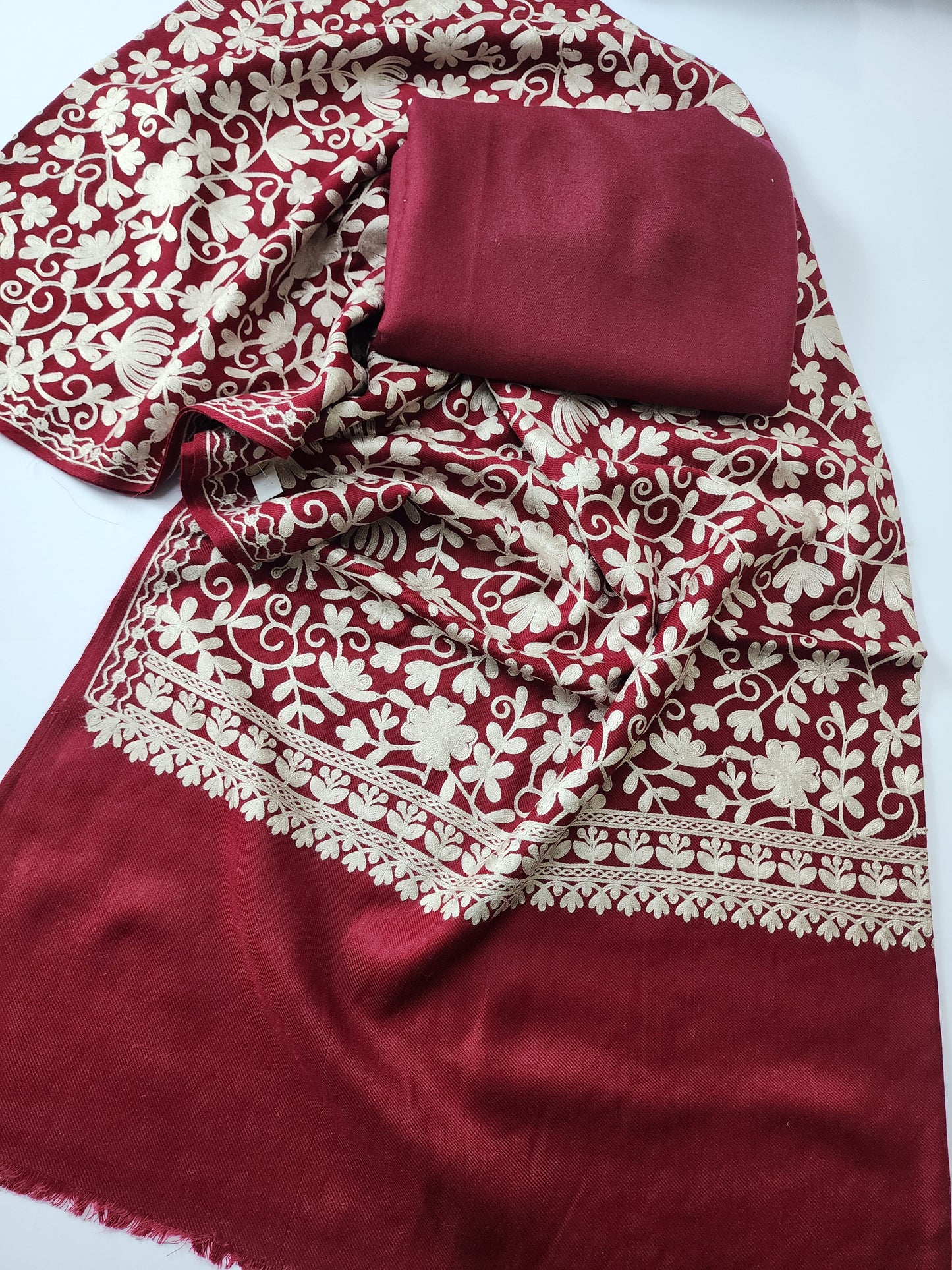 Pashmina 3 Piece Suit | Embroidered Shawl with Plain Suit Marina | Maroon