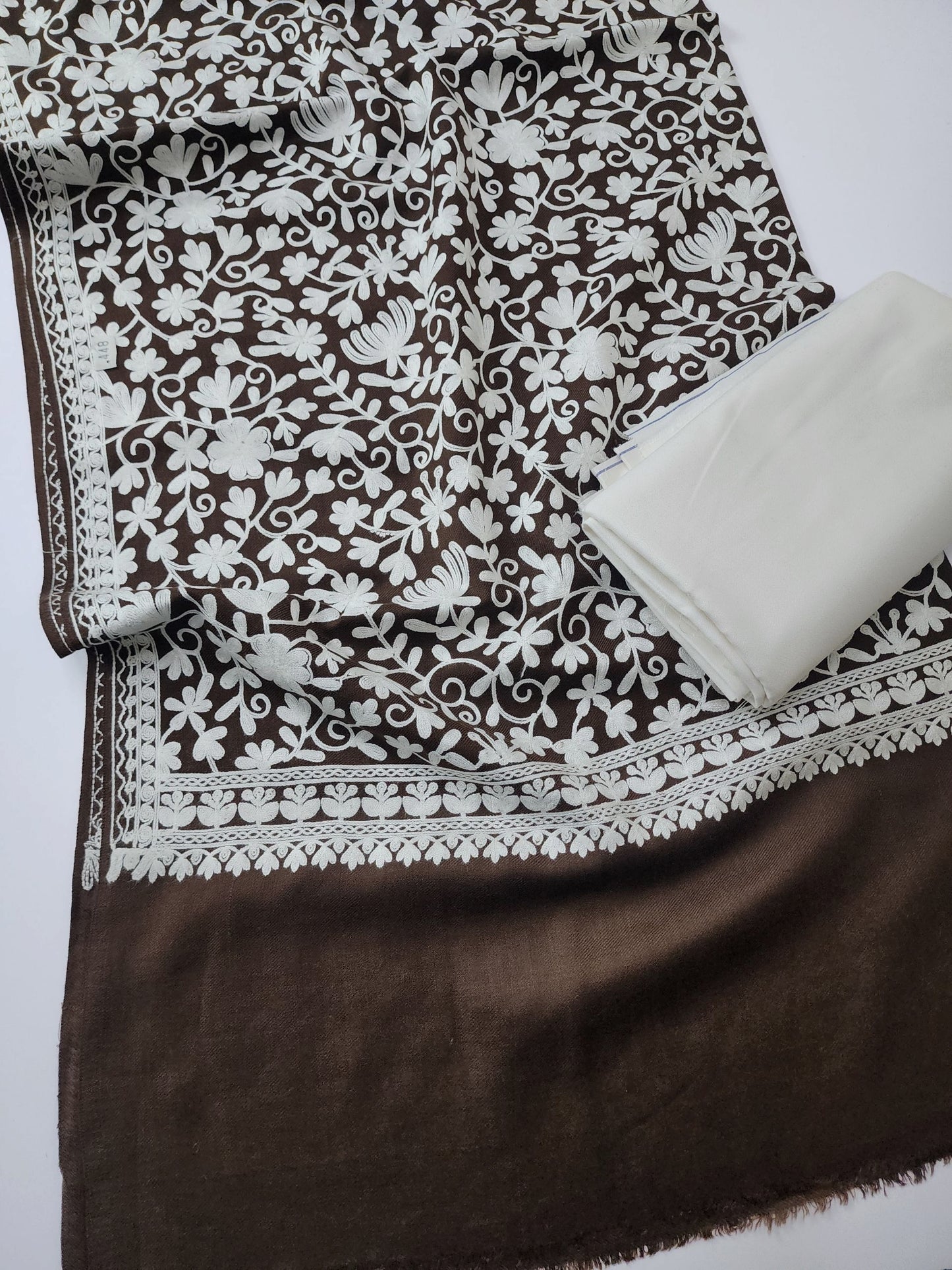 Pashmina 3 Piece Suit | Embroidered Shawl with Plain Suit Marina | Off White With Dark Brown