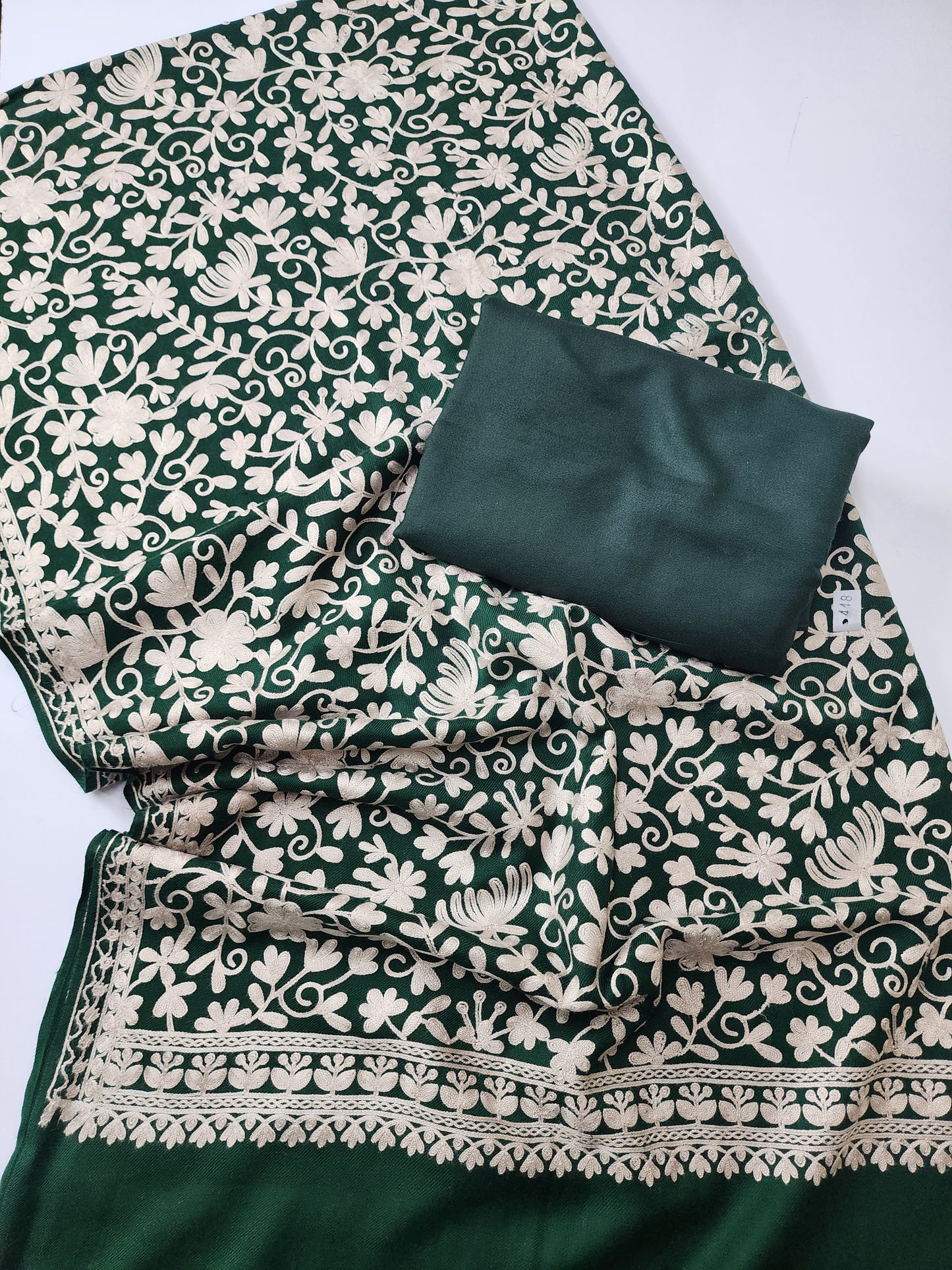 Pashmina 3 Piece Suit | Embroidered Shawl with Plain Suit Marina | Dark Green