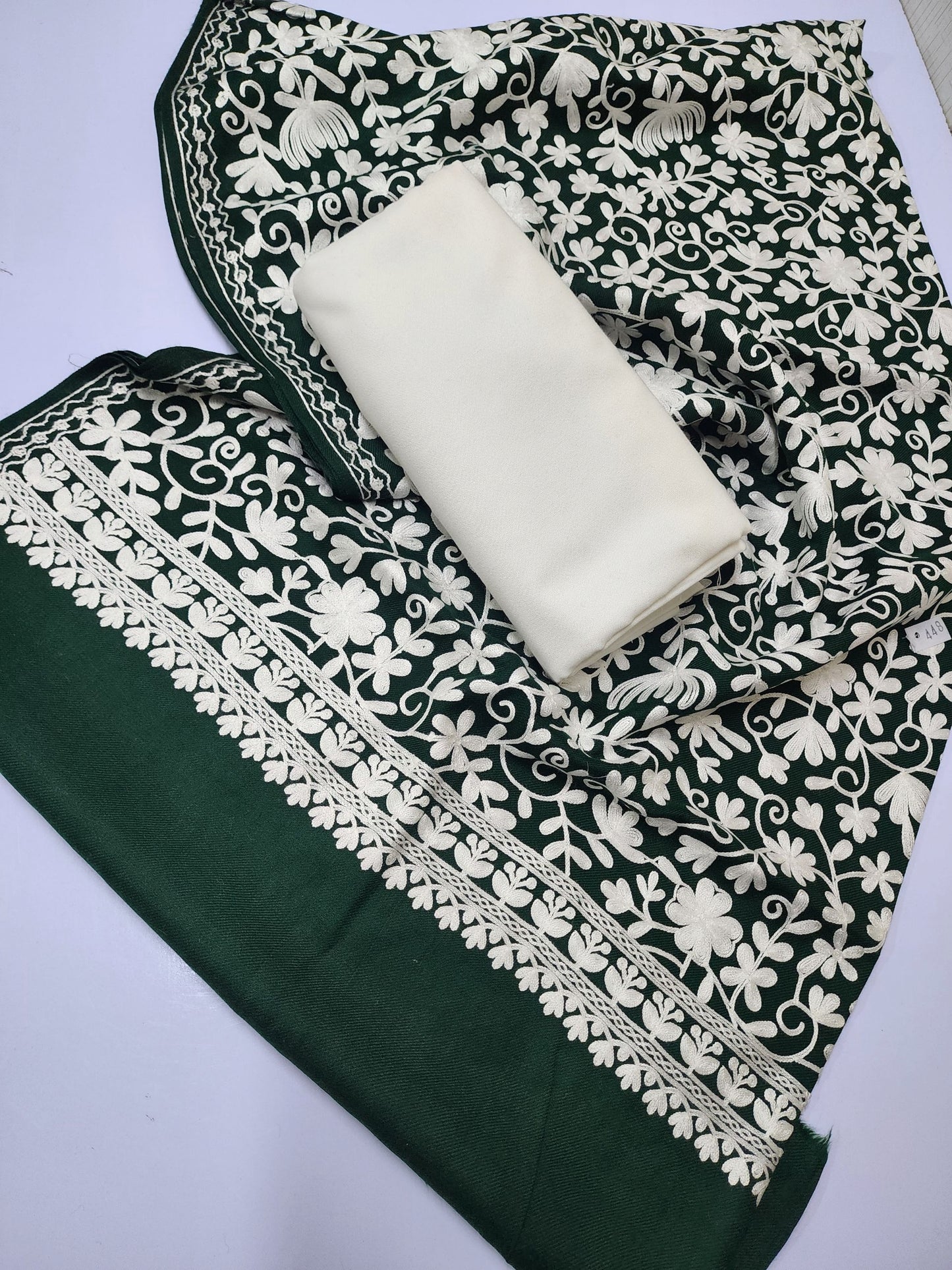 Pashmina 3 Piece Suit | Embroidered Shawl with Plain Suit Marina | Dark Green
