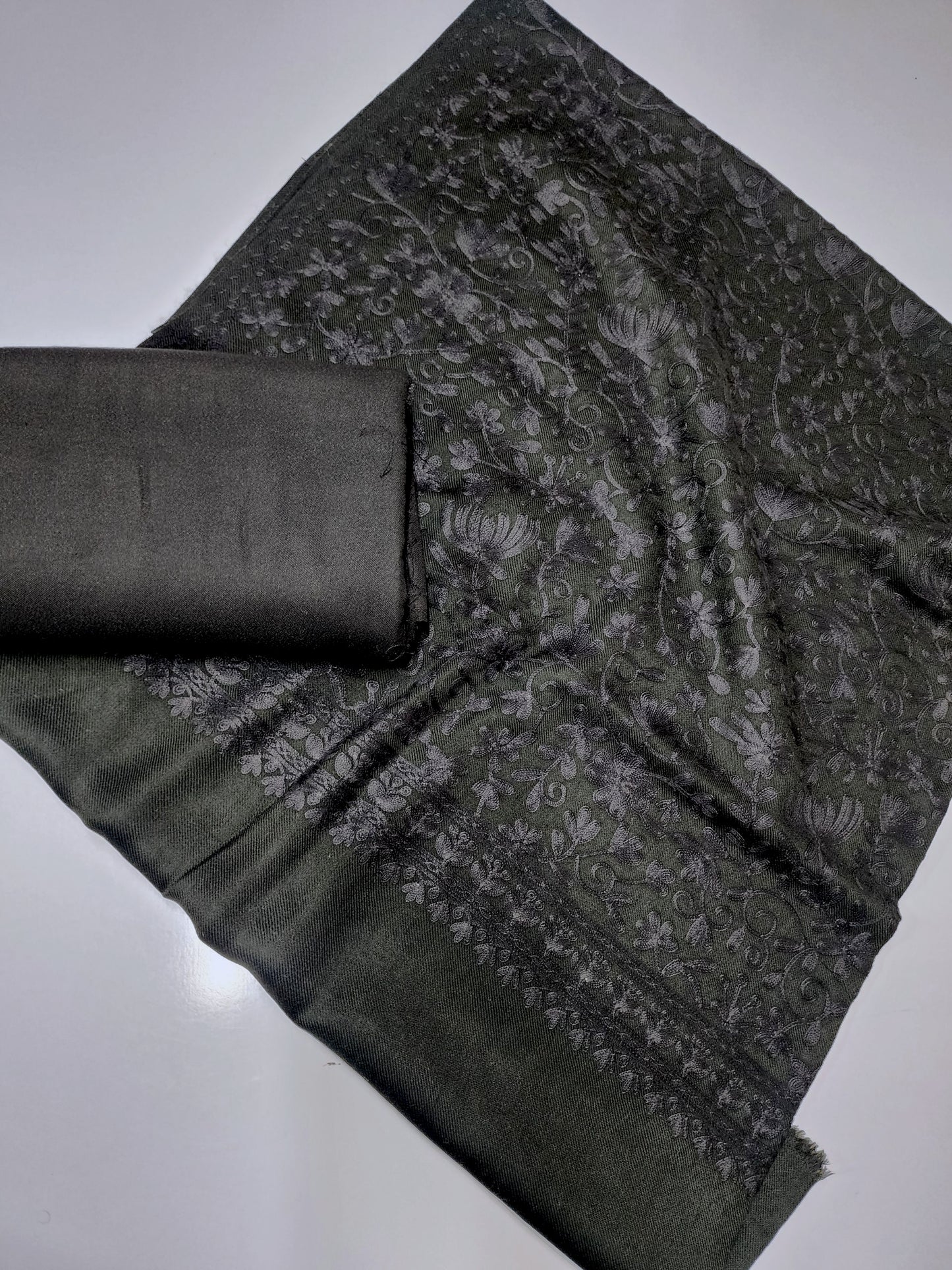 Pashmina 3 Piece Suit | Embroidered Shawl with Plain Suit Marina | Black with Black