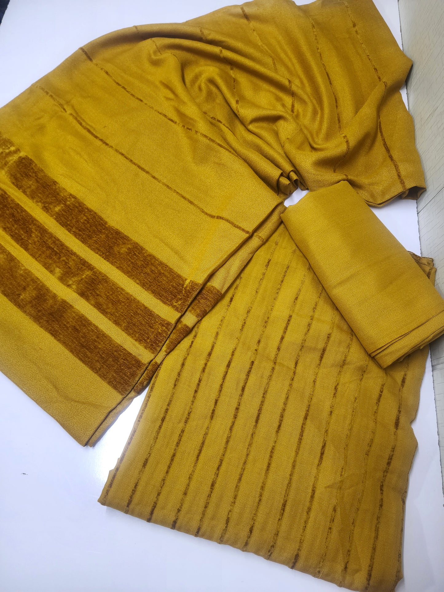 3 Piece Suit | Velvet Lining Marina Suit Allover With Shawl | New Arrival Beautiful Gift | Mustard New
