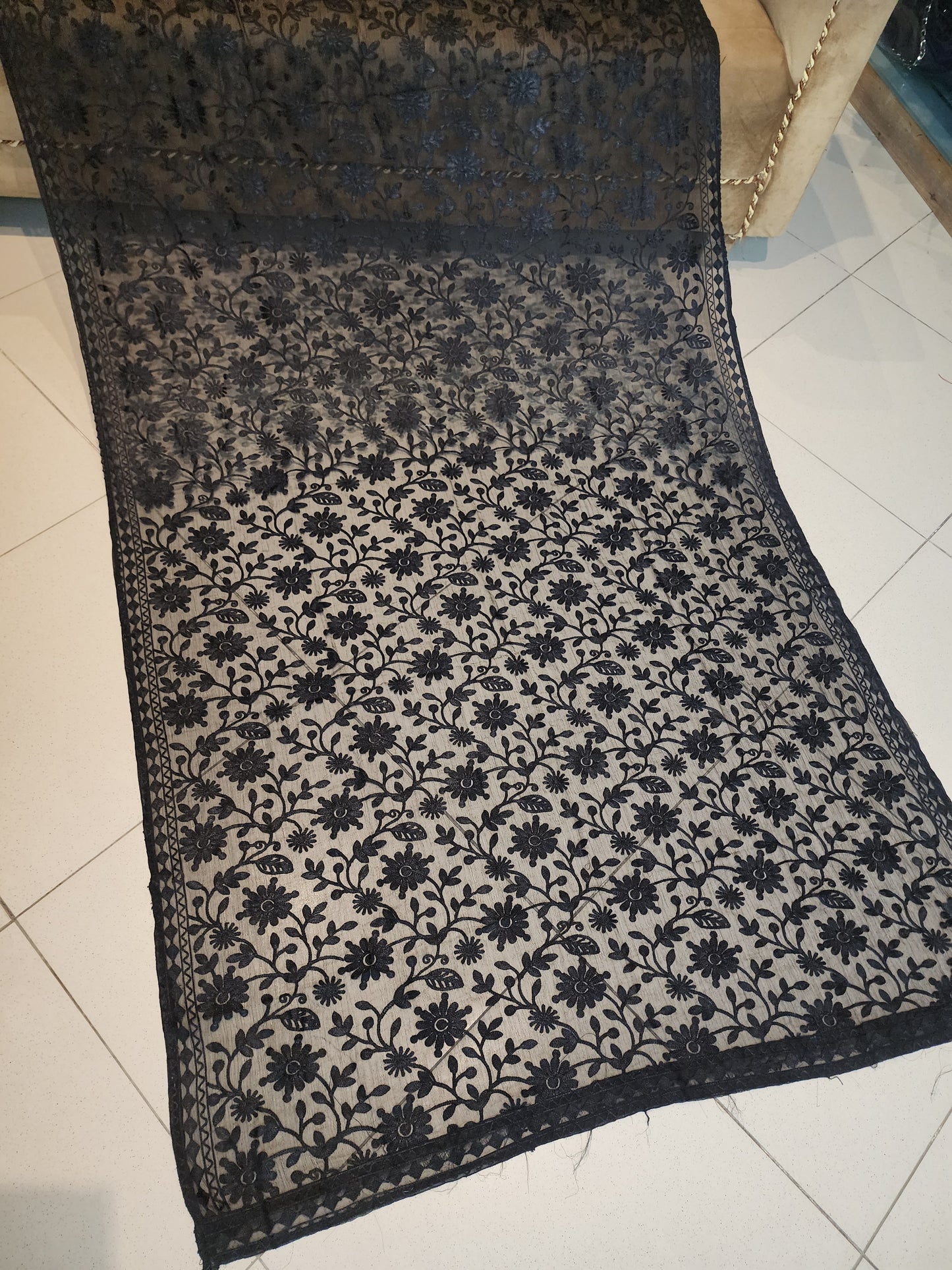 Crinkle Chiffon Embroidered Dupatta | Black Flower Jaal