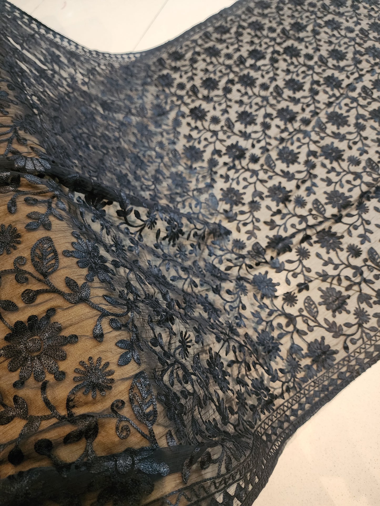 Crinkle Chiffon Embroidered Dupatta | Black Flower Jaal
