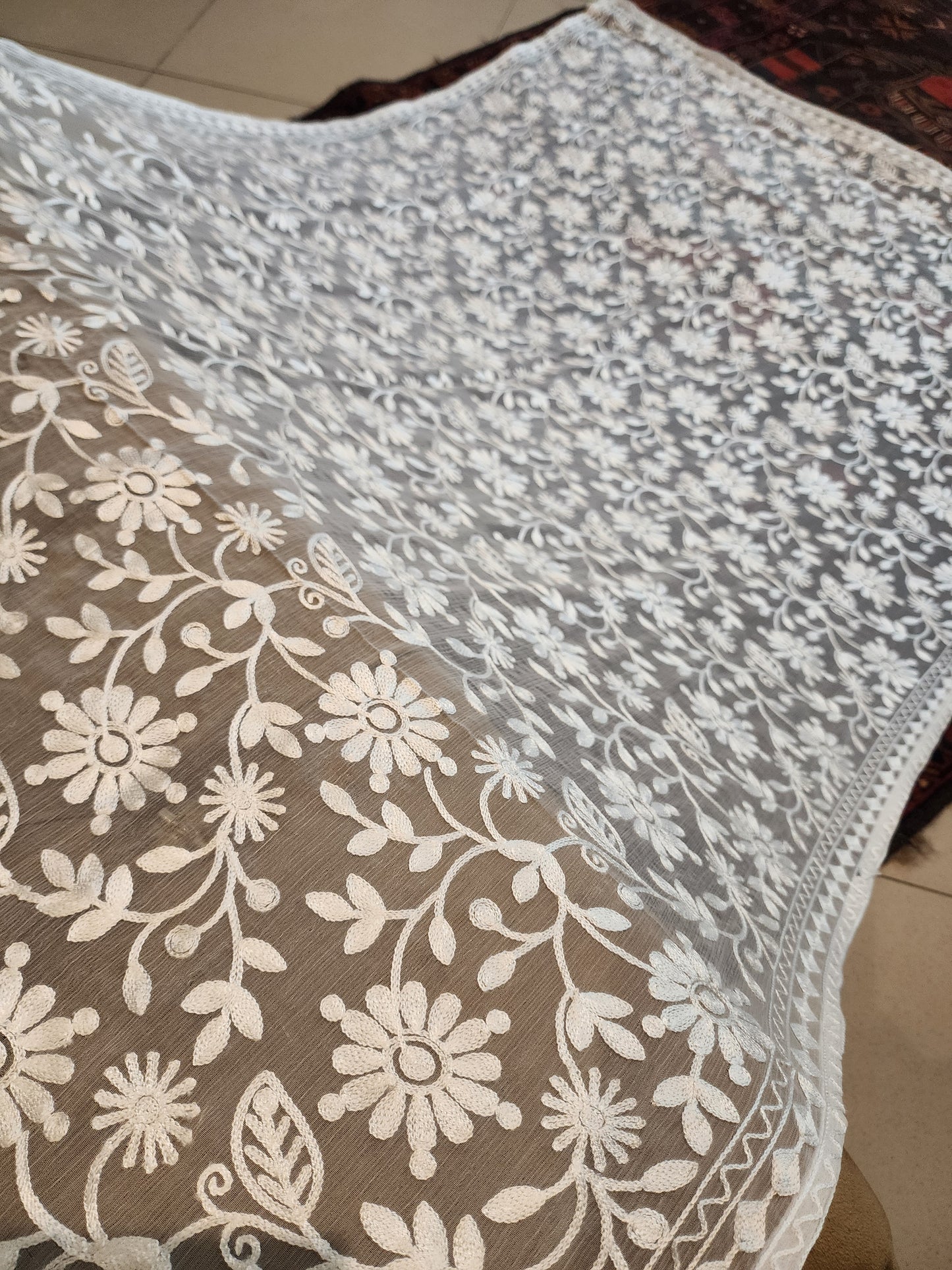 Crinkle Chiffon Embroidered Dupatta | White Flower Jaal