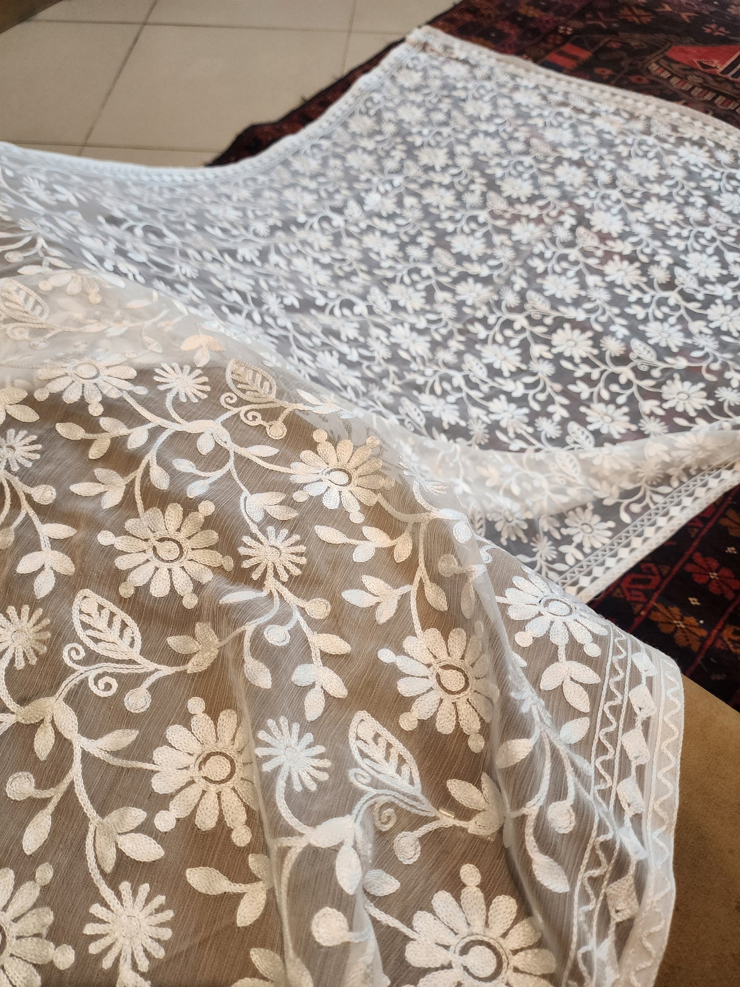 Crinkle Chiffon Embroidered Dupatta | White Flower Jaal