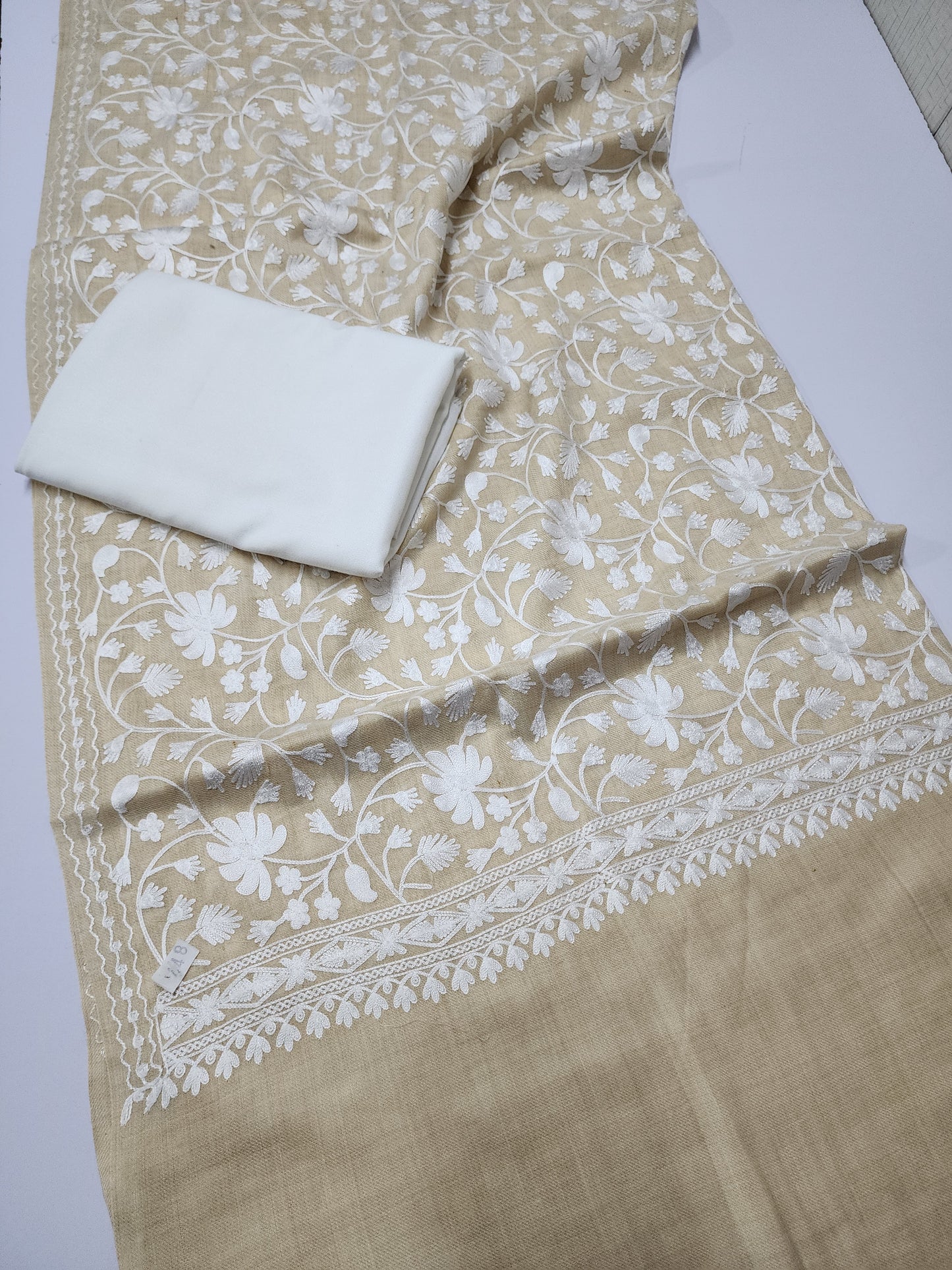 Pashmina 3 Piece Suit | Embroidered Shawl with Plain Suit Marina | Skin