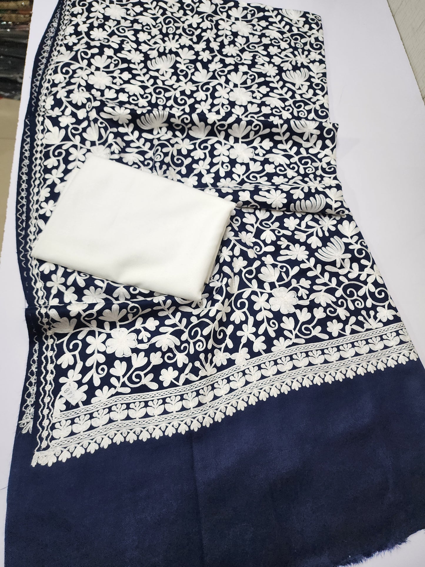 Pashmina 3 Piece Suit | Embroidered Shawl with Plain Suit Marina | Blue