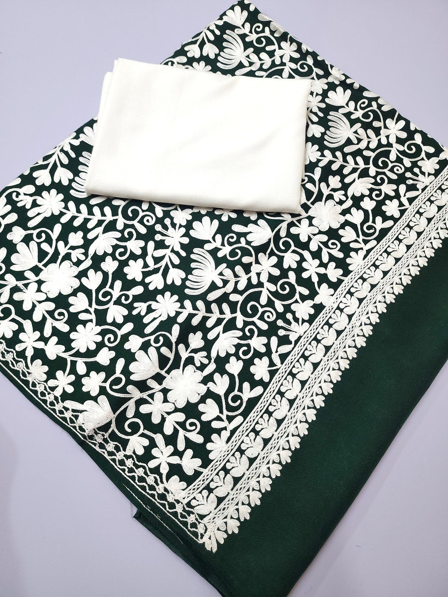 Pashmina 3 Piece Suit | Embroidered Shawl with Plain Suit Marina | Green
