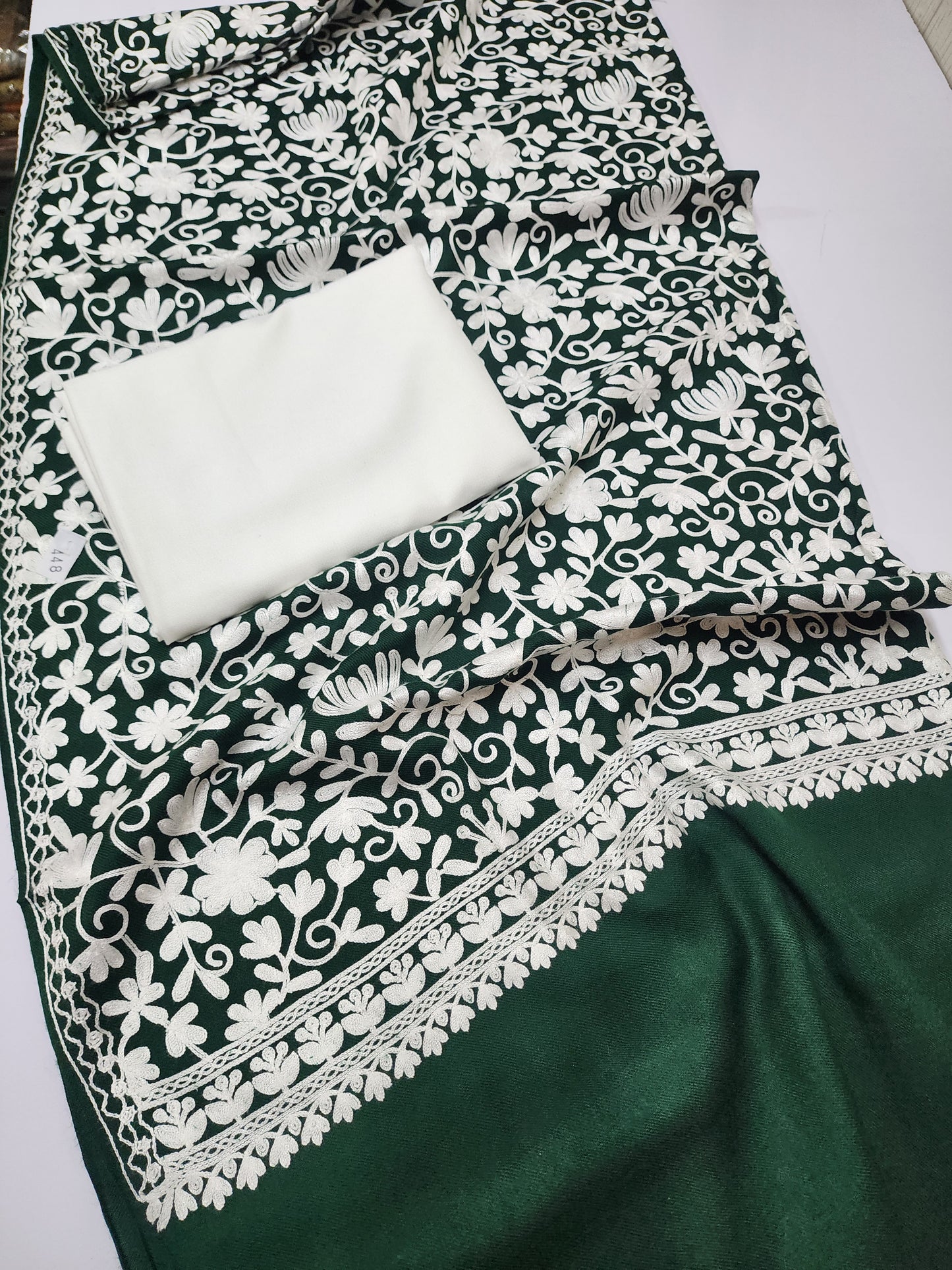 Pashmina 3 Piece Suit | Embroidered Shawl with Plain Suit Marina | Green