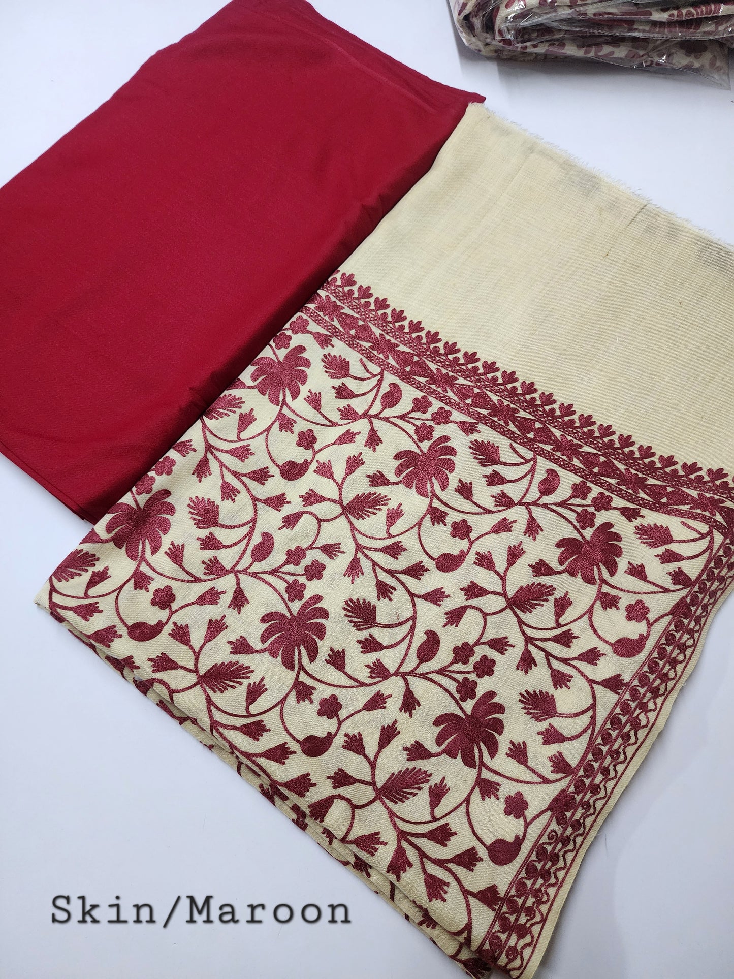 Pashmina 3 Piece Suit | Embroidered Shawl with Plain Suit Marina | Skin Maroon