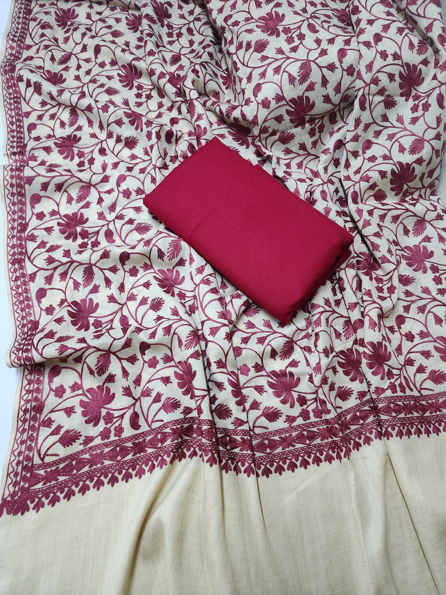 Pashmina 3 Piece Suit | Embroidered Shawl with Plain Suit Marina | Skin Maroon