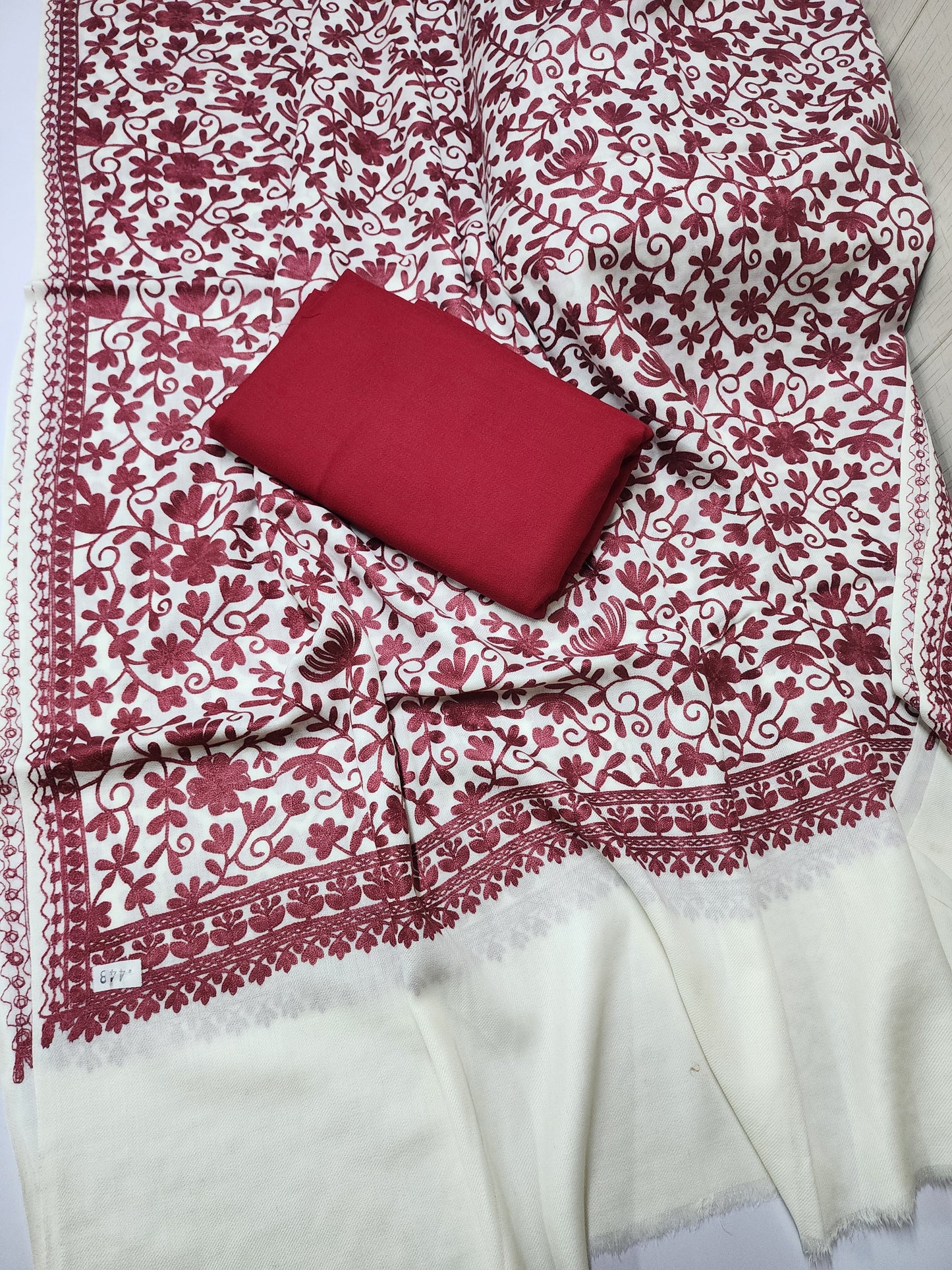 Pashmina 3 Piece Suit | Embroidered Shawl with Plain Suit Marina | White Maroon