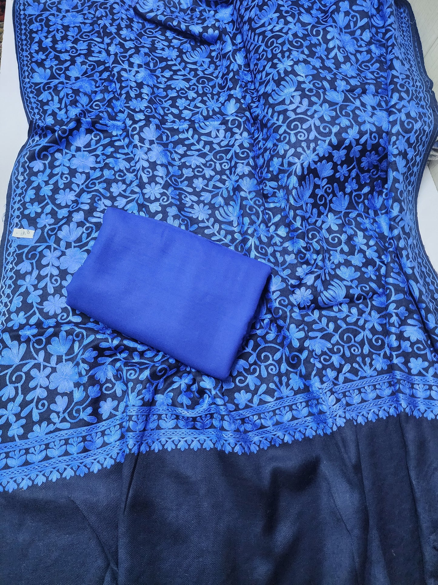 Pashmina 3 Piece Suit | Embroidered Shawl with Plain Suit Marina | Blue