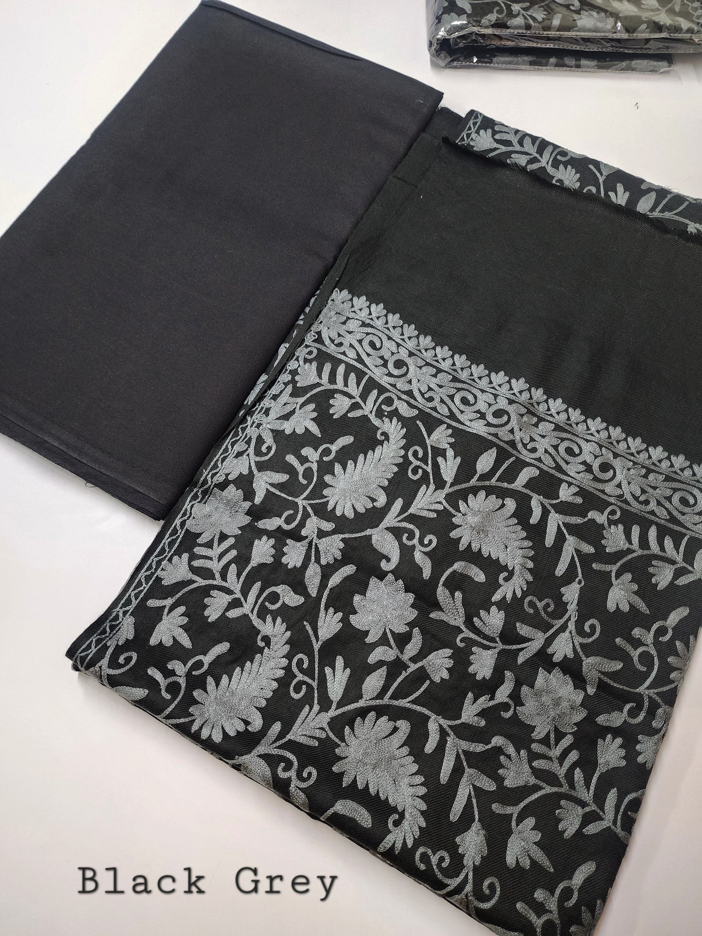Pashmina 3 Piece Suit | Embroidered Shawl with Plain Suit Marina | Black Grey