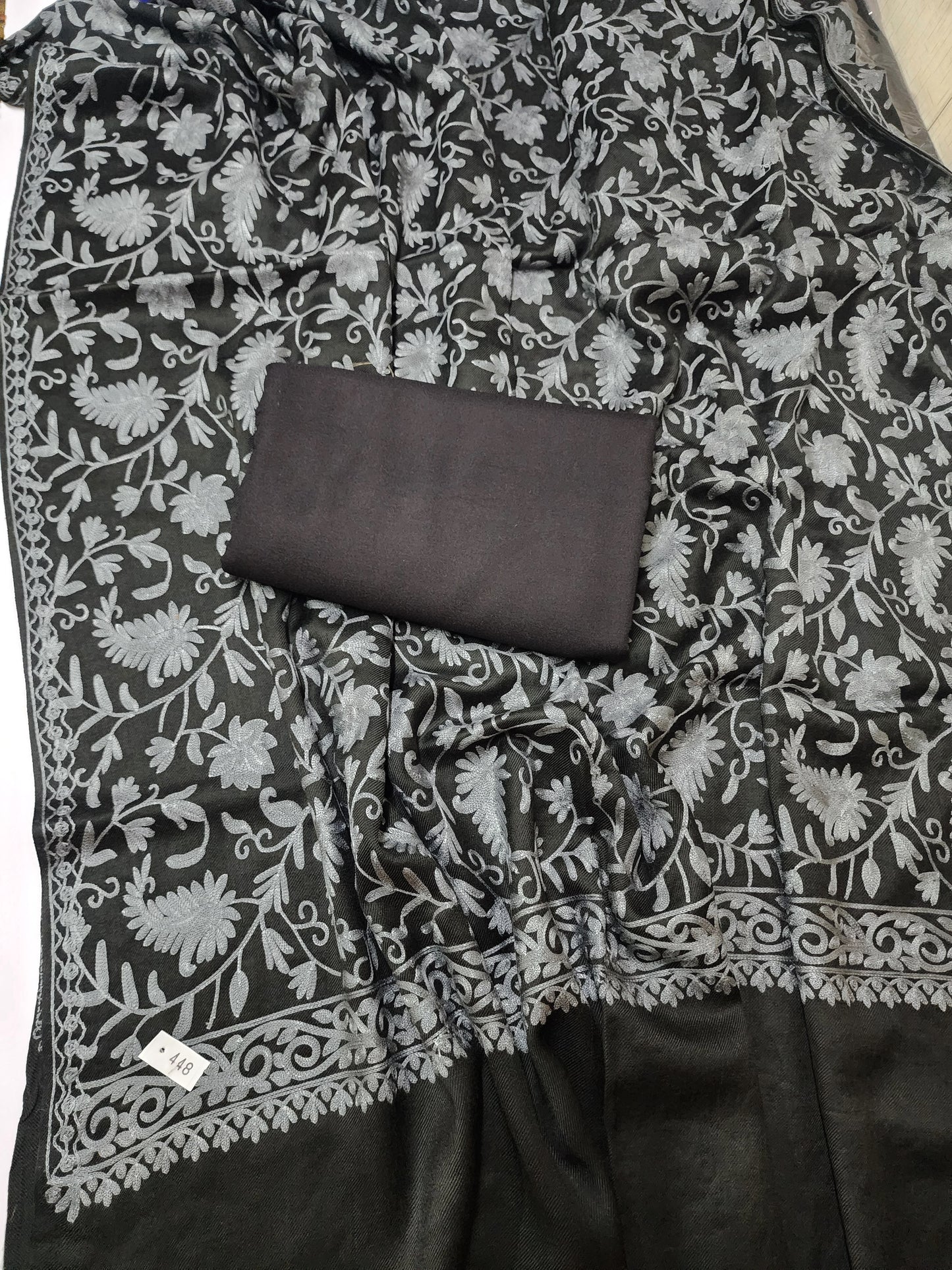 Pashmina 3 Piece Suit | Embroidered Shawl with Plain Suit Marina | Black Grey