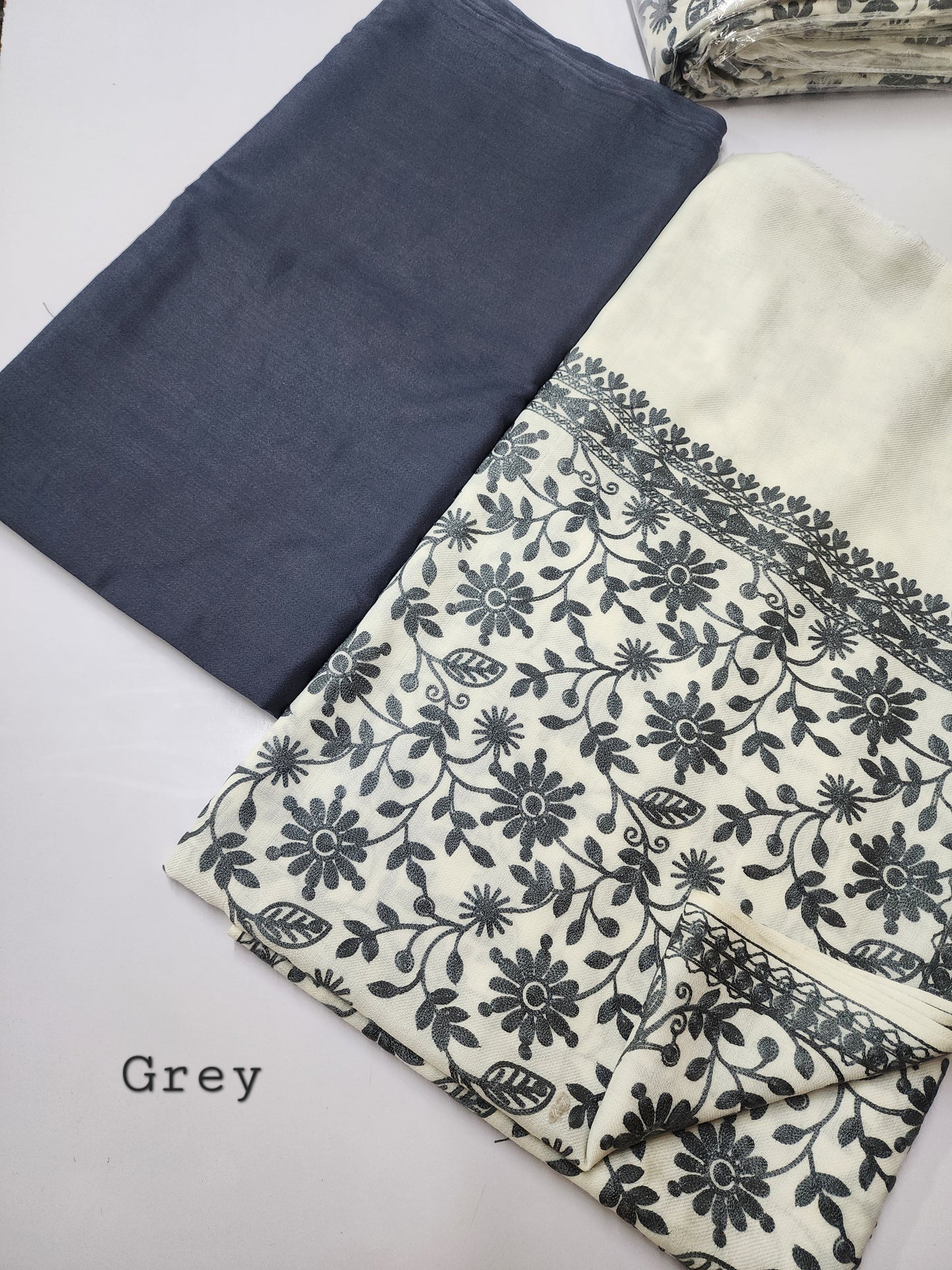 Pashmina 3 Piece Suit | Embroidered Shawl with Plain Suit Marina | Grey